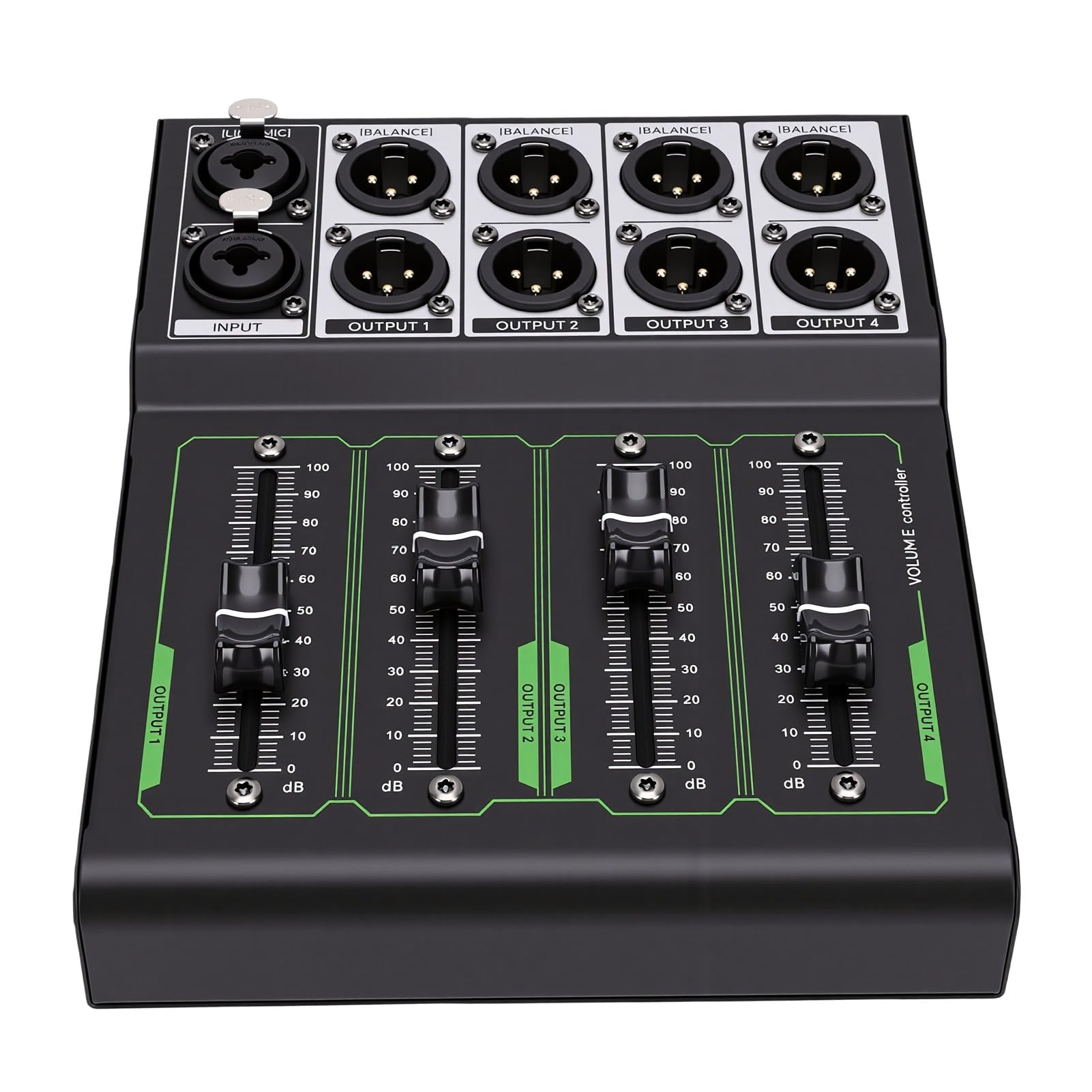 Bewinner Controller Volume Passivo Xlr per Mixer da Studio a 4 Canali | Corpo in metallo, fader da 70 mm, 1 ingresso 4 uscite, Home Theater, studio di registrazione