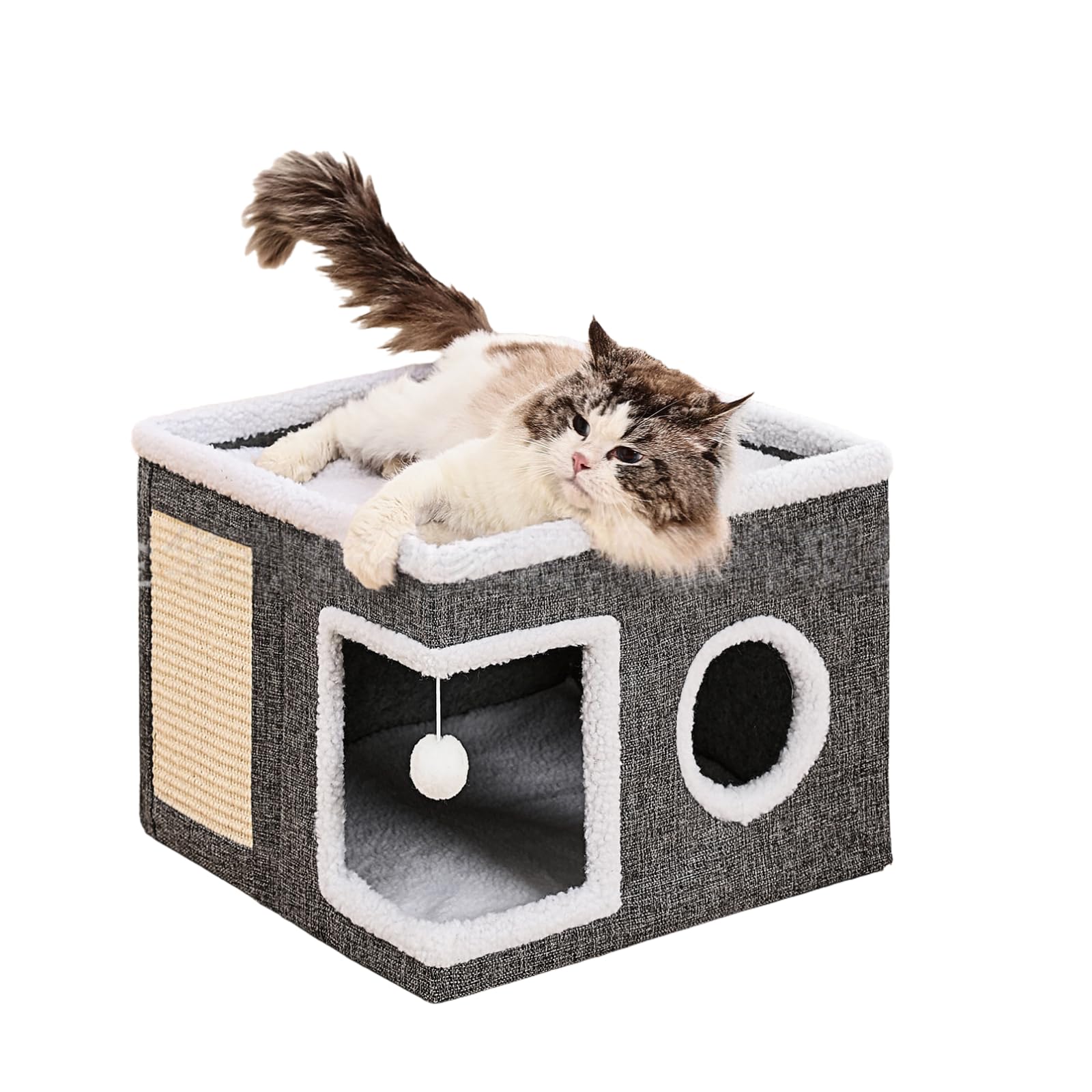 سرير قطط كبير للقطط الداخلية - كهف مريح مع وسادة خدش وكرة منفوشة، منزل قابل للطي للقطط الصغيرة، 39 × 39 × 32 سم، رمادي