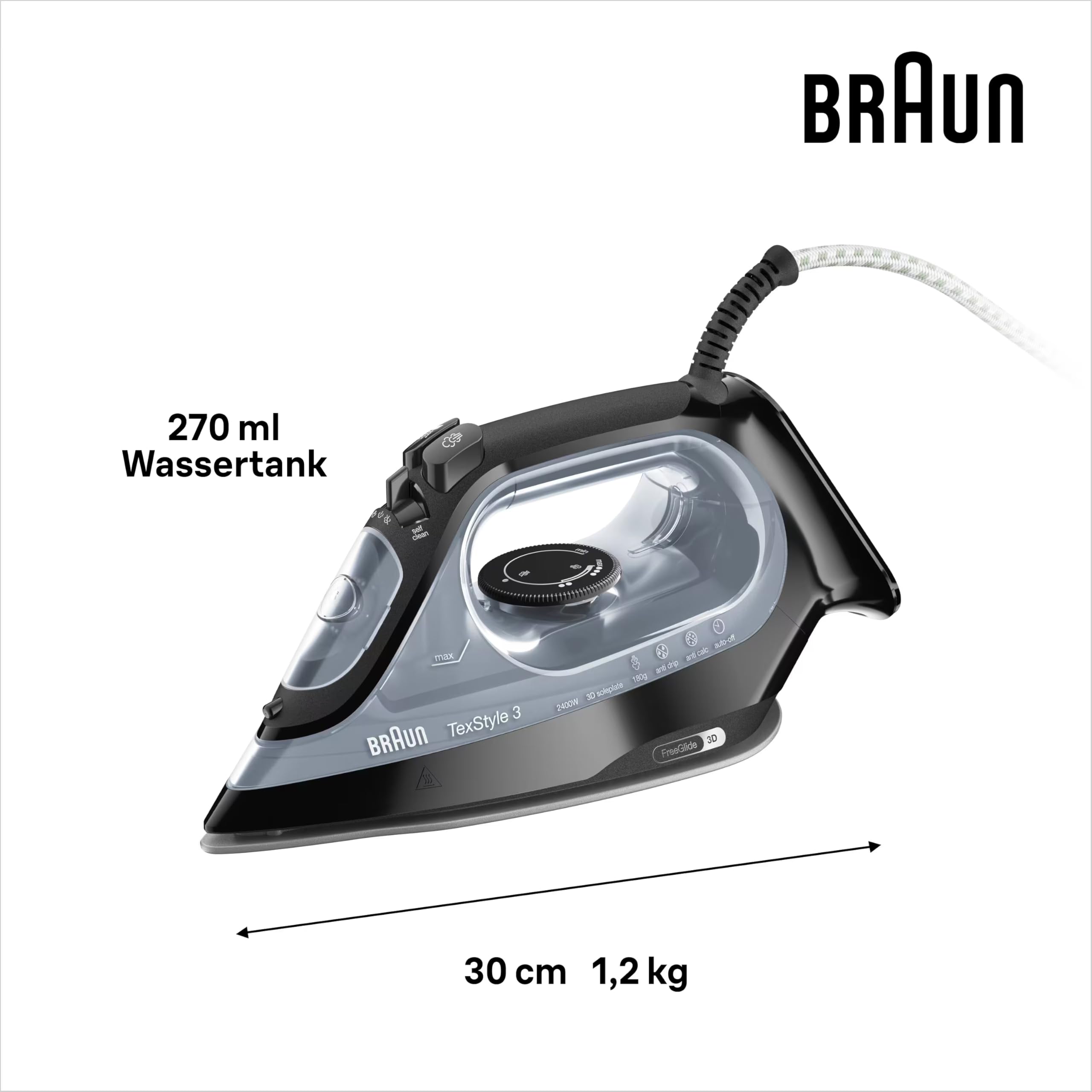 Braun Dampfbügeleisen TexStyle 3 SI3055BK, FreeGlide 3D-Technologie, Bügelsohle mit Keramikbeschichtung, automatische Abschaltung, kurze Aufheizzeit, einfache Nachfüllung (220 ml), 2400 W, Schwarz