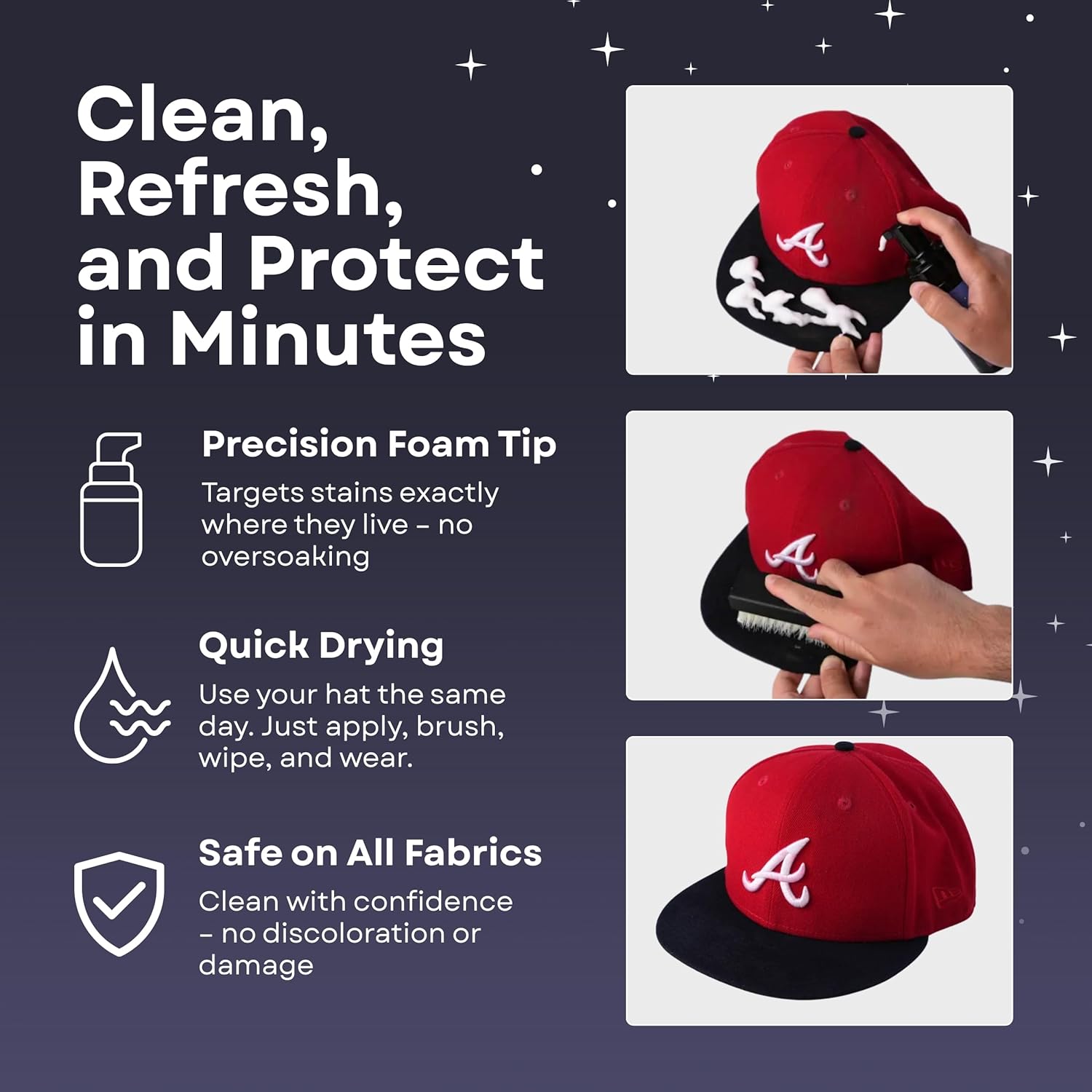 Hat Cleaning Kit – 4-Step Headwear Cleaner with Foam, Brush, Deodorizer & Protector – Safe for Baseball Caps, Snapbacks & All Types of Fabrics