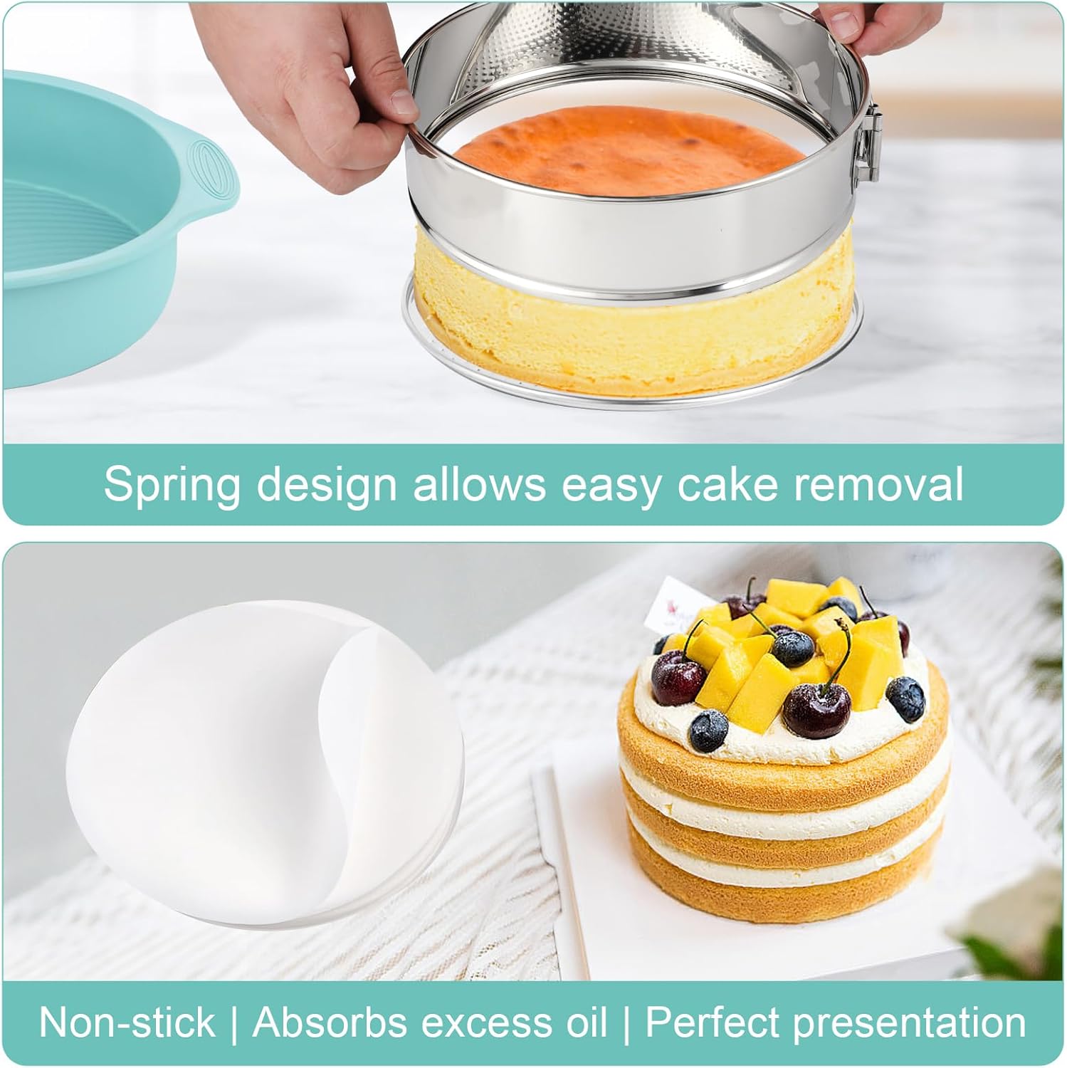 9inch 304 Stainless Steel Springform Cake Pan with Detachable Bottom, Silicone Cheesecake Pan Protector, Parchment Paper, Decorating Kit Piping Bags and Tips- Ideal for Home Bakers - Image 3