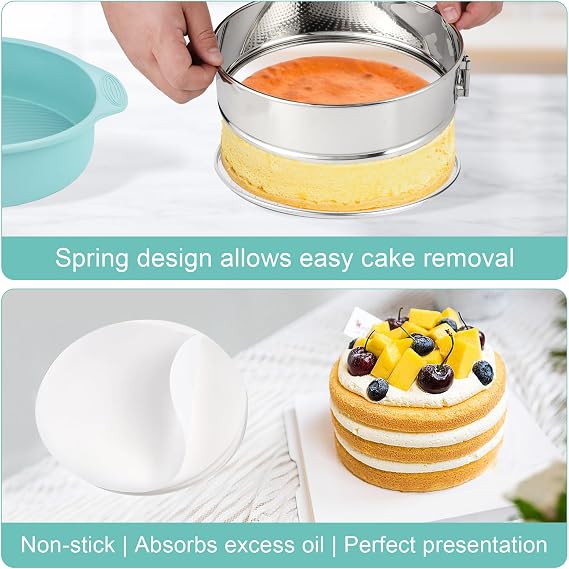 9 Inch Cheesecake Pan, Leakproof 304 Stainless Steel Springform Pan with Silicone Protector for Water Bath Baking, Removable Bottom, 50 Pcs Parchment Paper, Dishwasher Safe