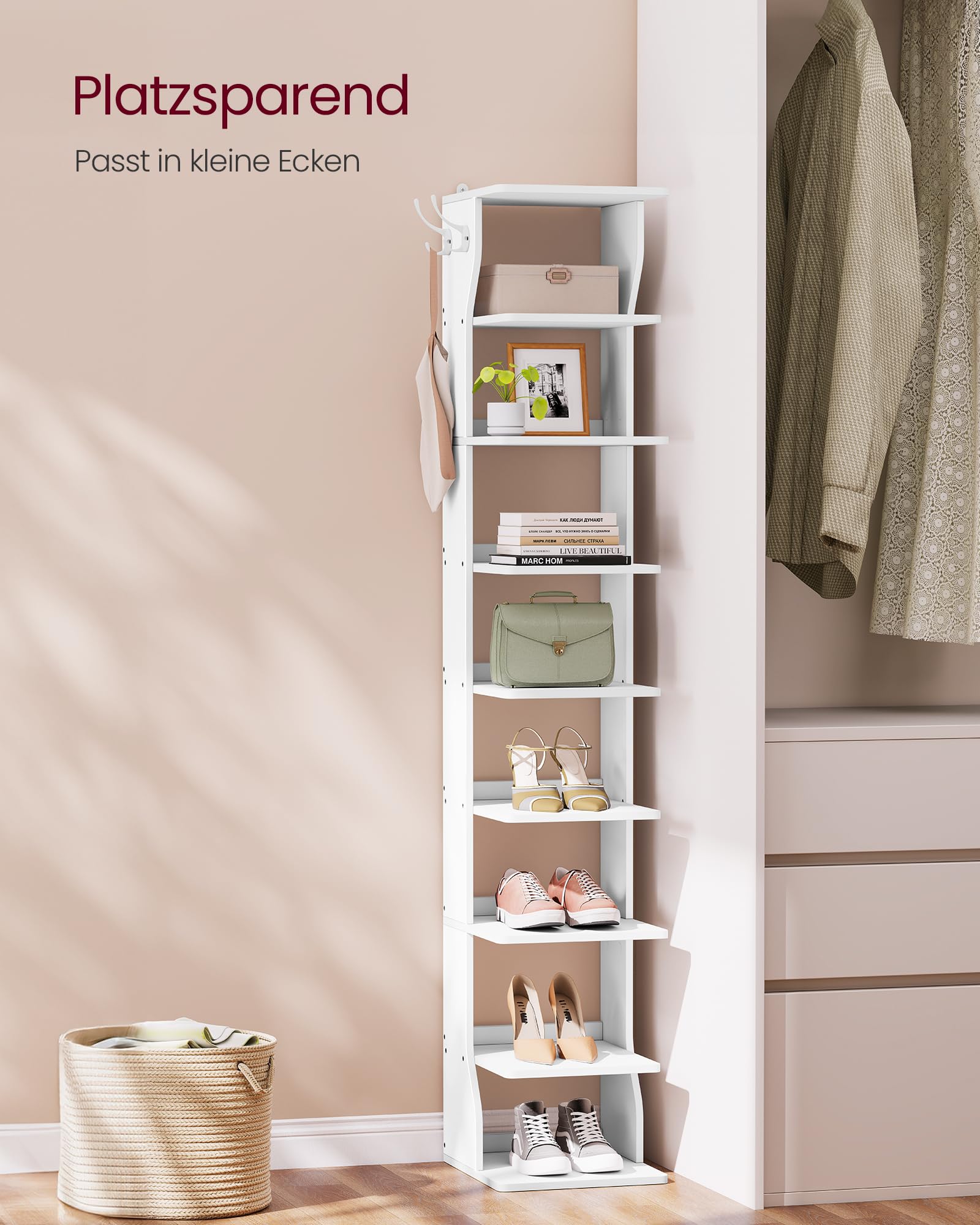 VASAGLE Schuhregal schmal, Standregal mit 9 Ebenen, platzsparend, für Eingangsbereich, Ecke, Schuhablage, mattweiß LBS210WB01