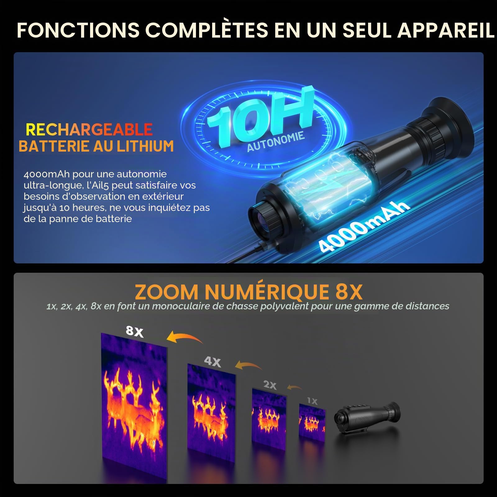 Monoculaire thermique AI15 384x288 (50 Hz) HD, vision nocturne, imagerie thermique, zoom 8x, point d'accès Wi-Fi, modes de scène pour la chasse