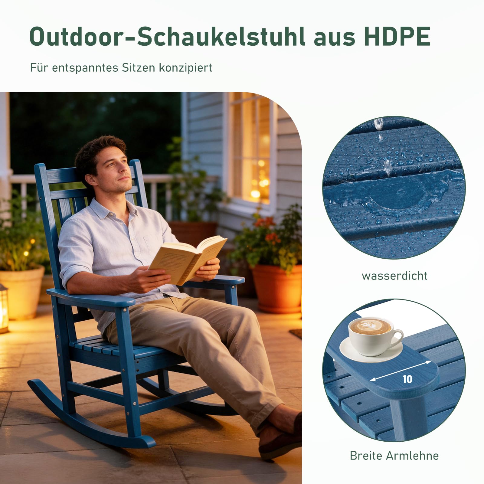 Schaukelstuhl Gartenstuhl für den Außenbereich, HDPE Schaukelstuhl für Erwachsene mit hoher Rückenlehne, Wetterfest, für Terrasse, Garten, Rasen, Veranda, Blau