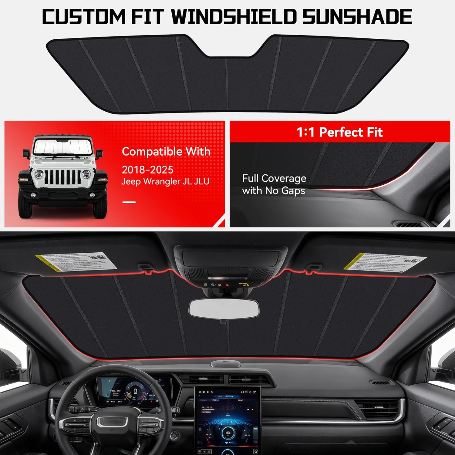 Windshield Sun Shade Custom Fit for Jeep Wrangler JL JLU 2018-2025/Gladiator JT 2020-2025, Accordion Folding Thick Window Sunshade Block Heat 99% UV Rays Sun Visor Keep Cooler Accessories