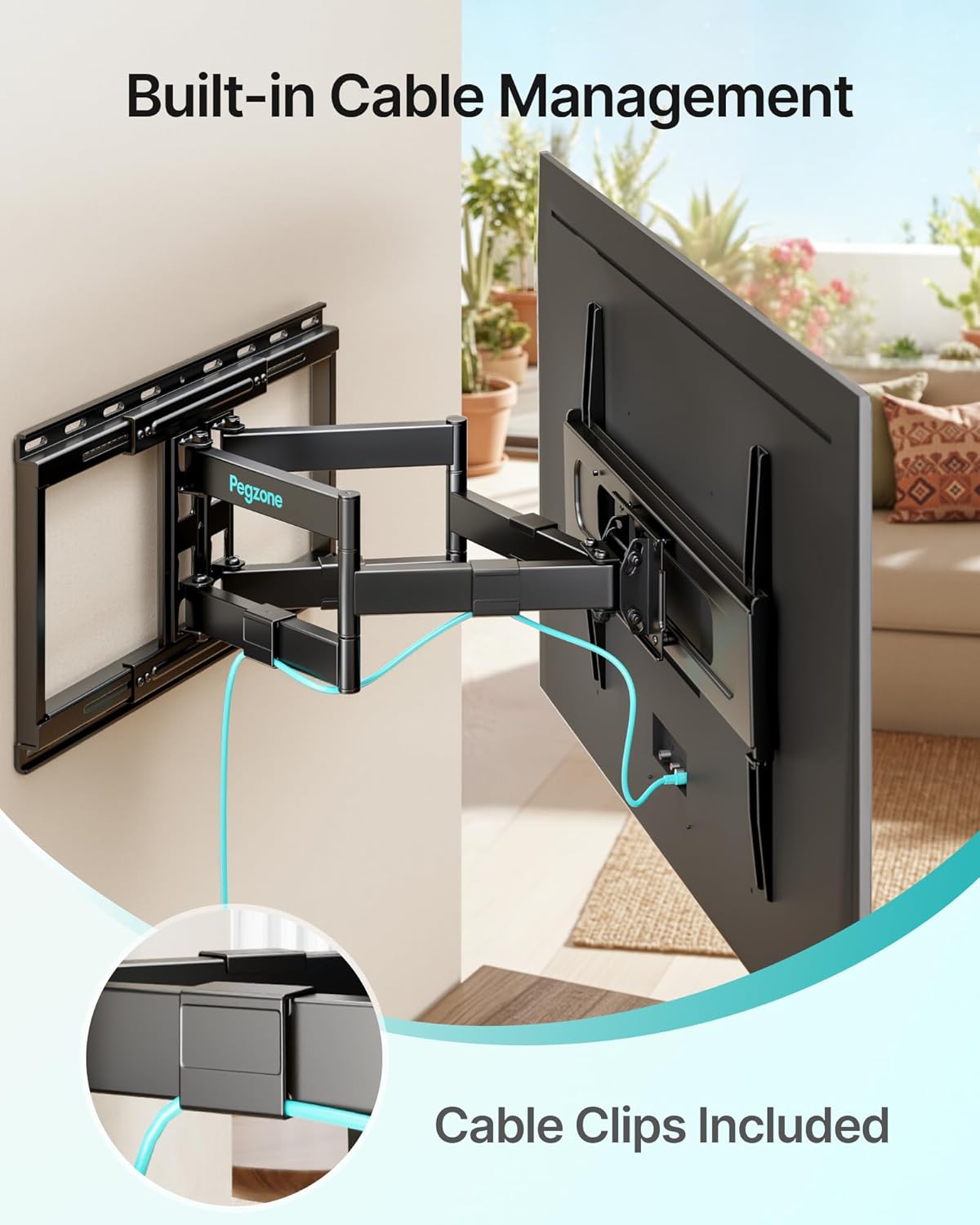 Pegzone Full Motion TV Wall Mount for 37-90 Inch TVs up to 176lbs, 25.4" Extension, Swivel Heavy Duty TV Bracket, Sliding Dual Arms for Off-Center Studs, Fits 16"/ 18" /24" Wood Studs, VESA 600x400