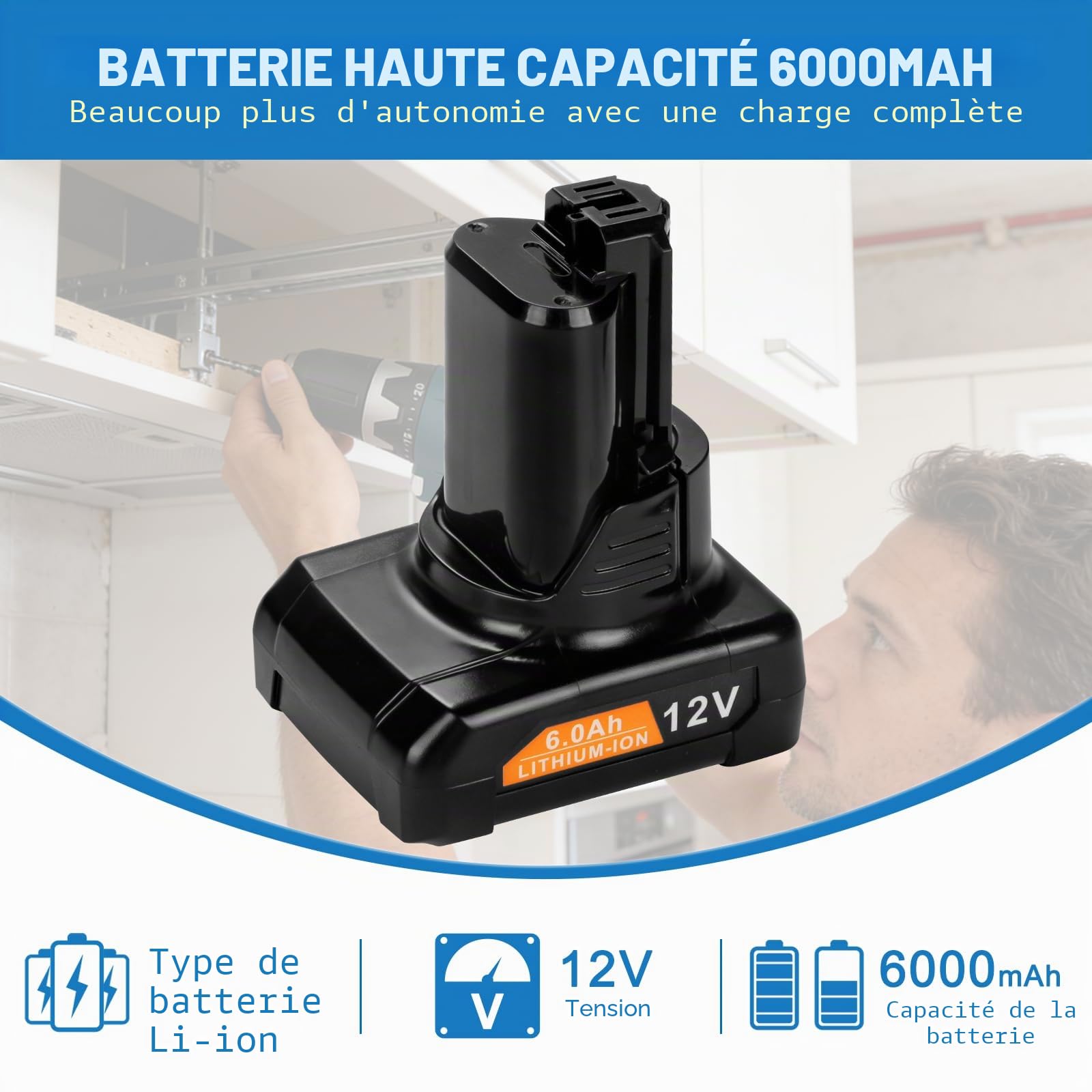 6.0Ah Batterie Li-ION pour Bosch 12V BAT420, BAT411A, BAT412, BAT413, BAT411, GBA, GSR, GSA et GST 12V.