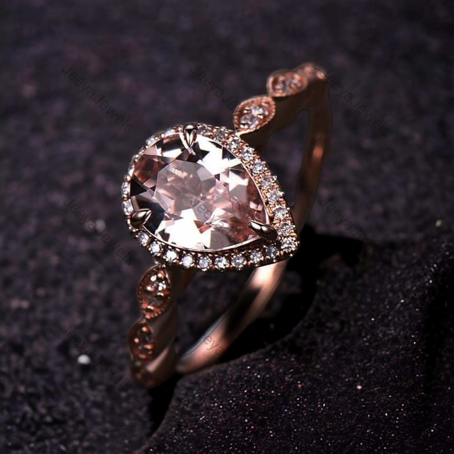 Antique Vintage Morganite Engagement ring 14k Rose Gold Moissanite Halo Art deco half eternity Anniversary ring Pear Cut Valentine Proposal Ring Bridesmaid Everyday Proise Ring