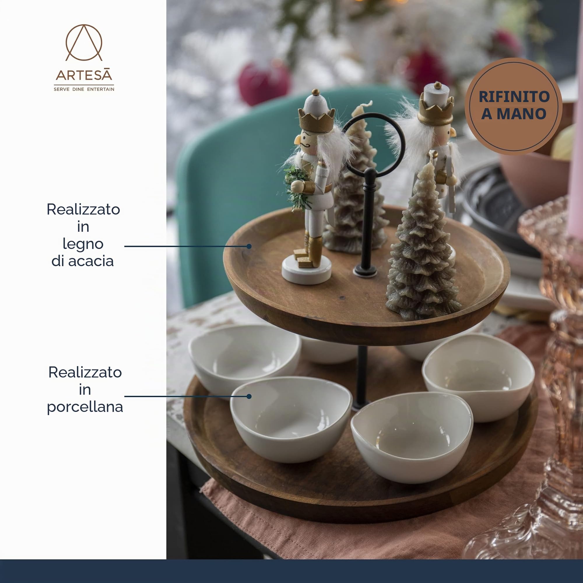Artesà Porta Tapas e Portavivande a 2 Livelli, Espositore per Alimenti con 6 Mini Ciotole in porcellana, Supporto per Torta in Legno e Rifinito a Mano in Scatola Regalo, 24 x 25cm, Marrone e Nero