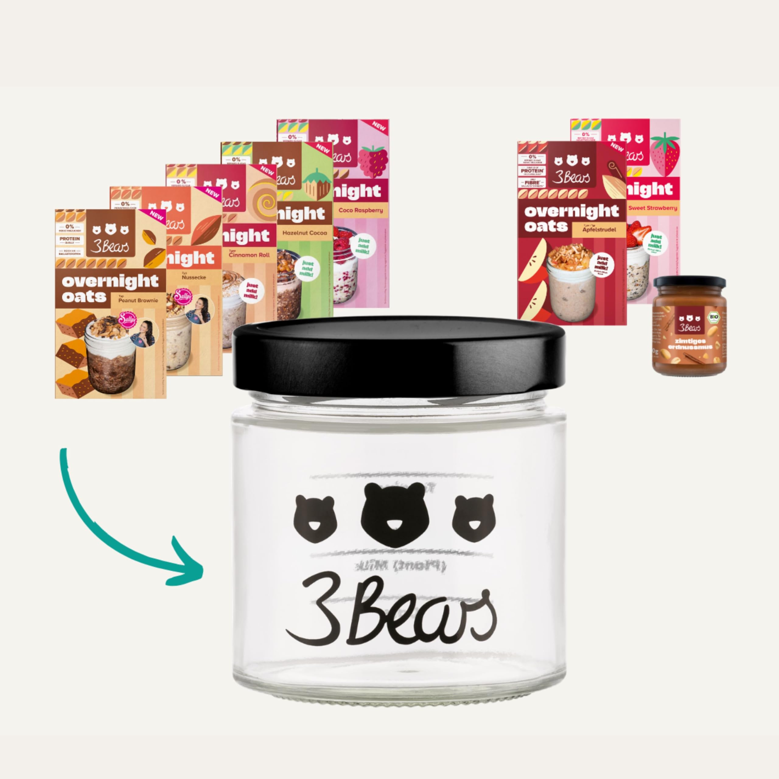 3Bears Overnight Oats Meal Prep Set – Cozy Edition 7x400g inkl. Glas und Erdnussmus - veganer Vollkorn-Hafer in verschiedenen herbstlichen Sorten - schnelles Meal Prep