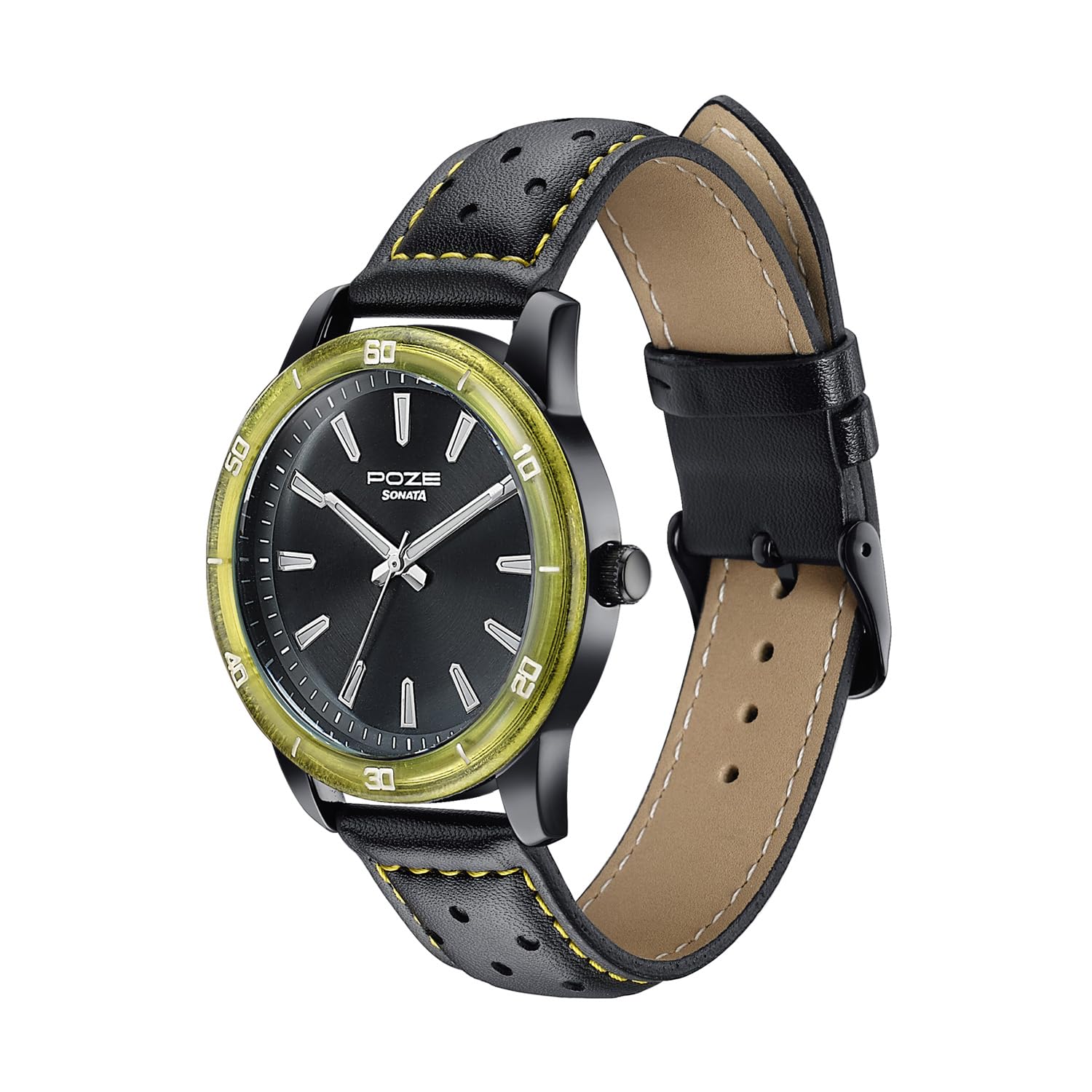 Buy Sonata Poze 7 Analog Black Dial IP Black + Yellow Stitch