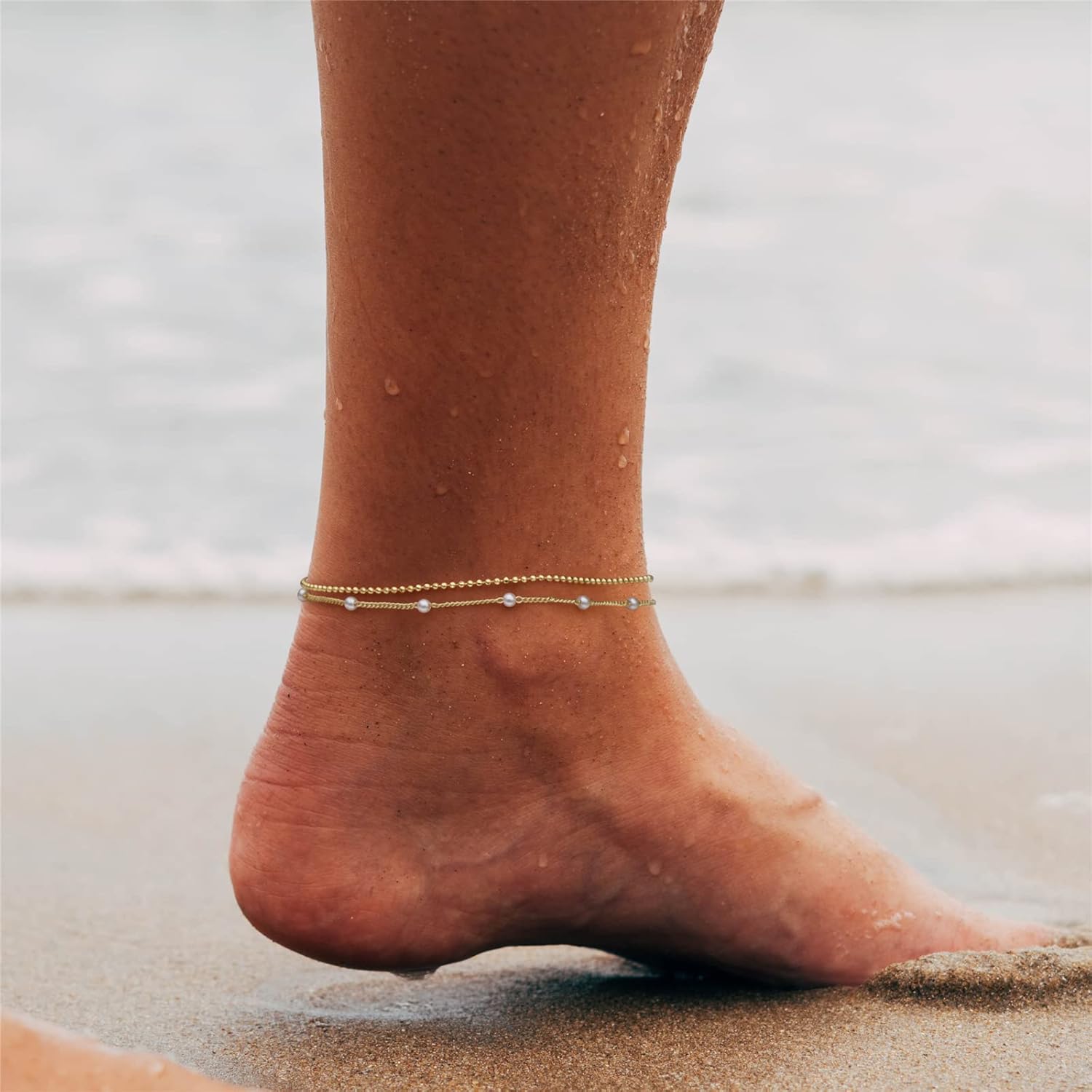 Raicegs Layered Anklet Bracelets for Women 18K Gold Anklets Dainty Chain Pearl Beads Anklet Beach Jewelry Gift for Women Girl - Image 2
