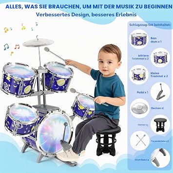 Children's Drum Kit with Lights Toddler Toy 5 Drums with Stool