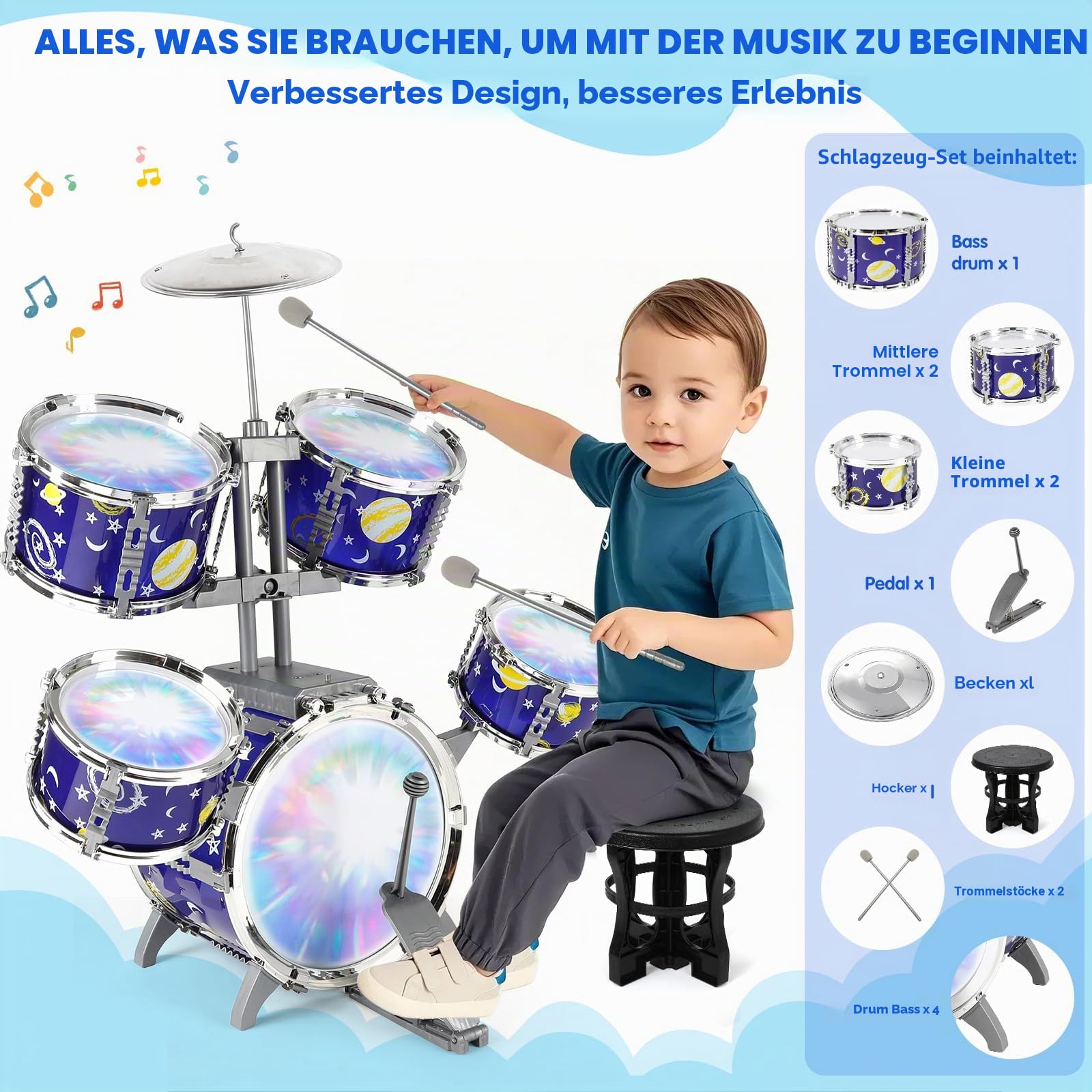 Schlagzeug Kinder mit Lichtern, 5 Trommels Anfänger-Schlagzeug mit Hocker Percussion, Musikinstrument Lernspielzeug Spielzeug Geschenk für Kinder ab 3 4 5 6 Jahre Mädchen und Jungen