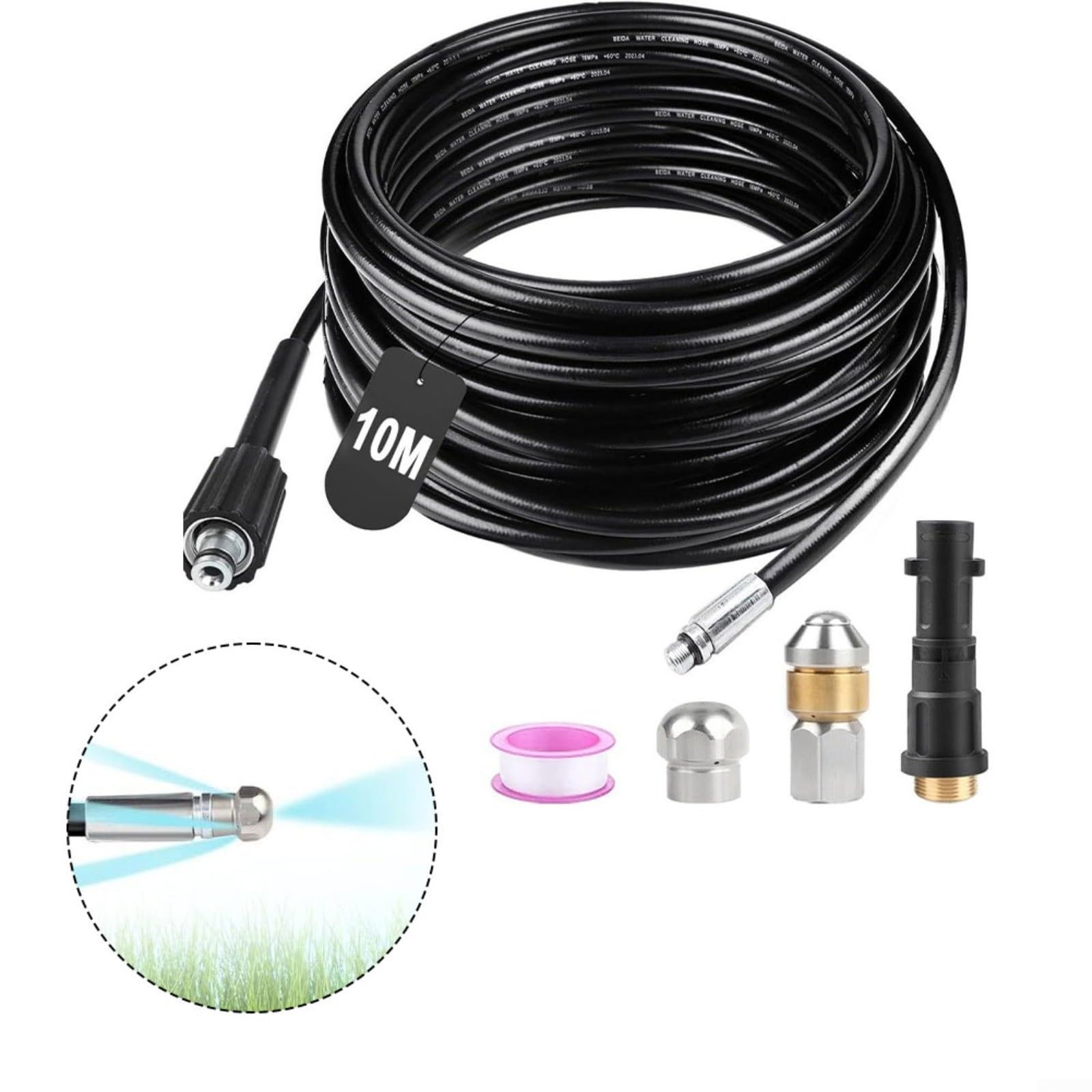 Kit de manguera de limpieza de tuberías de 10 m, incluye adaptador de boquilla giratoria y cinta de sellado para tareas de mantenimiento de drenaje de lavadora a presión de 180 bar