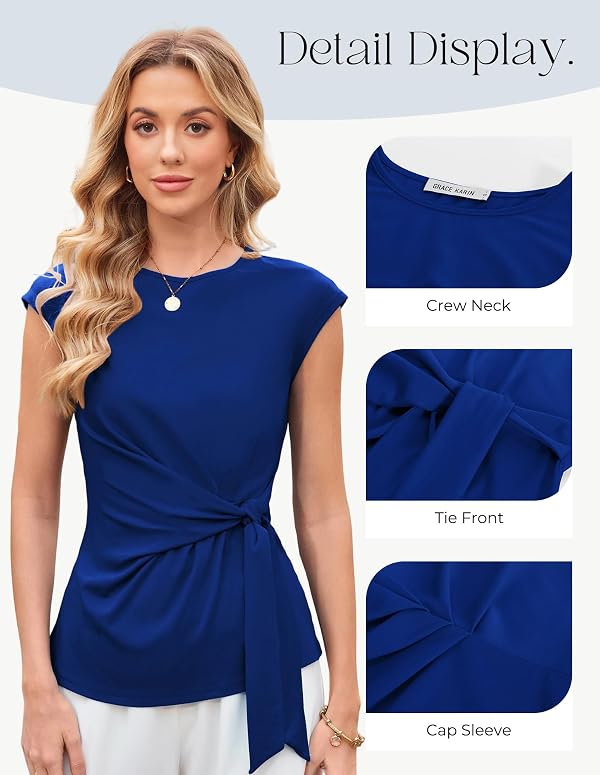 GRACE KARIN Women's Cap Sleeve Tie Waist Dressy Work Wrap Tops Navy Blue XL by GRACE KARIN - Used condition - Image 4