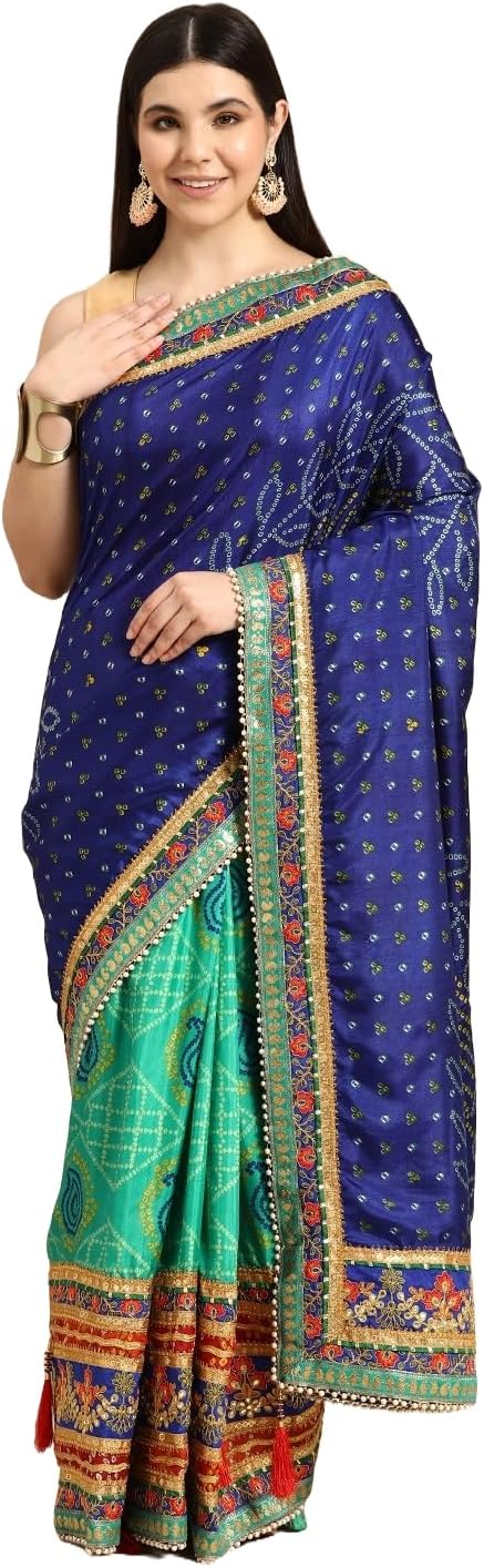 Pandadi Saree Women's Soft Dola Silk With Bhandhani With Colourful Embroidery Heavy Lace Saree With Blouse (Multicolor)