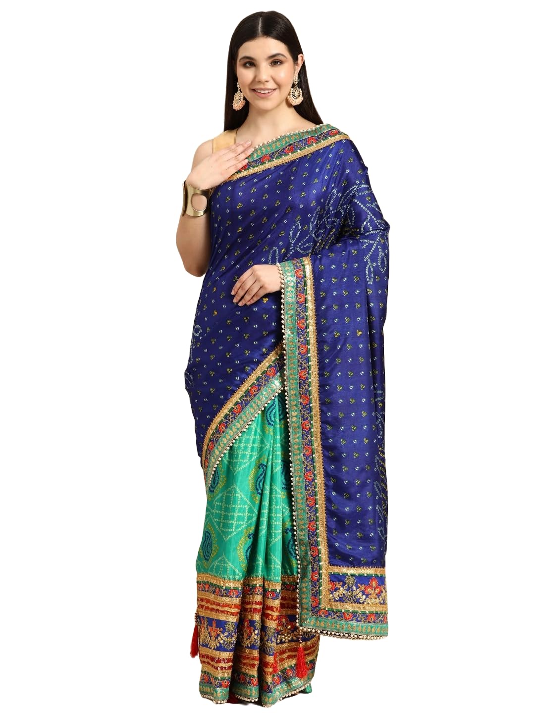 Pandadi Saree Women's Soft Dola Silk With Bhandhani With Colourful Embroidery Heavy Lace Saree With Blouse (Multicolor)