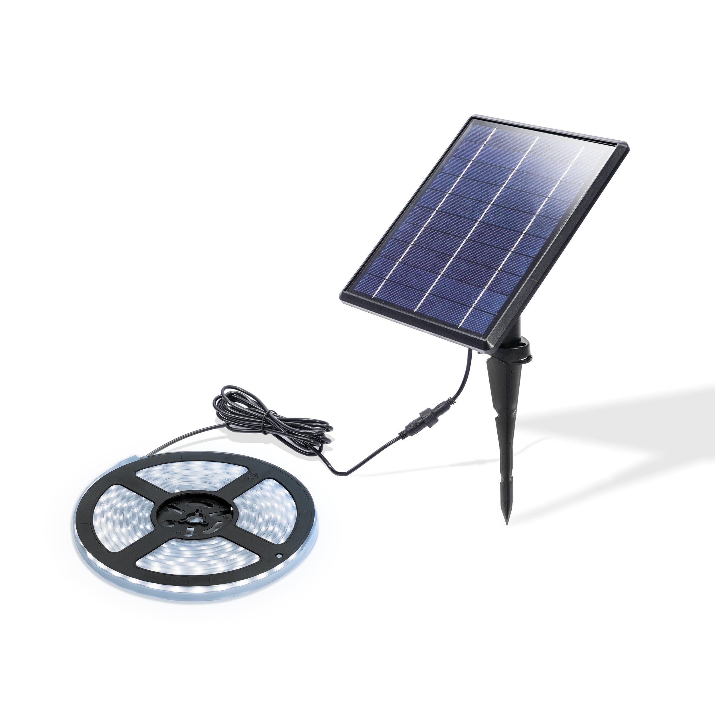 Esotec Solar LED Streifen Stripes, 5m, 300 LEDs, kaltweiß, Akku, Solarmodul, Erdspieß, Einbau Lichtschlauch, auf Rolle, Treppenstufen Licht, 6000K, IP54, außen, wetterfest, 102711