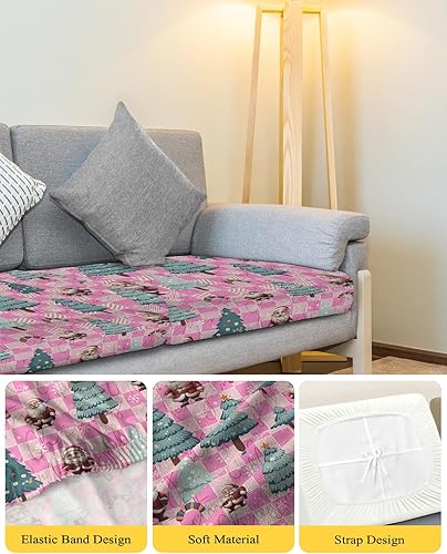 Miniatura 4 de Wowouhiya Christmas Couch Cushion Covers, Stretch Sofa Cover with Elastic Bottom, Xmas Tree Winter Snowflake Santa Pink Checkered Sofa Slipcovers