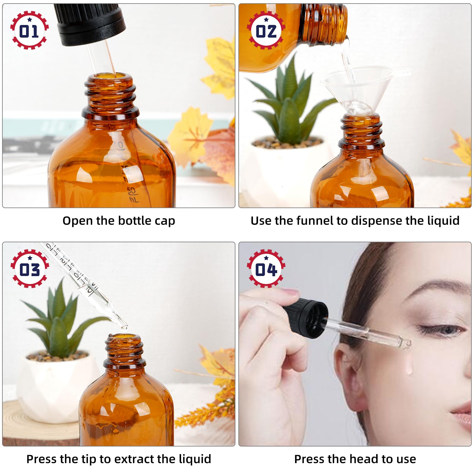 Lot de 8 flacons compte-gouttes en verre marron de 100 ml pour huile essentielle, parfum, liquide avec petites bouteilles en verre, entonnoir, seringue et étiquette
