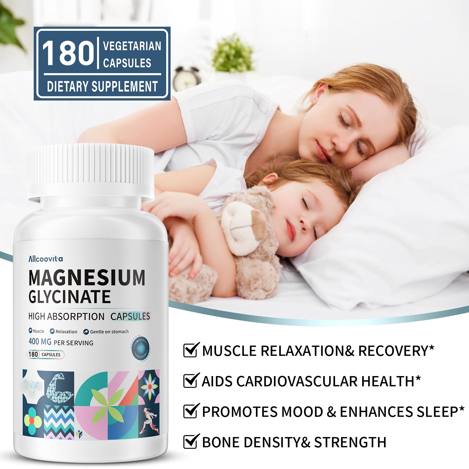 Magnesium Glycinate 400 MG per Serving 100% Chelated for High Absorption, Gentle On Stomach, Non-GMO, 180 Vegetarian Capsules