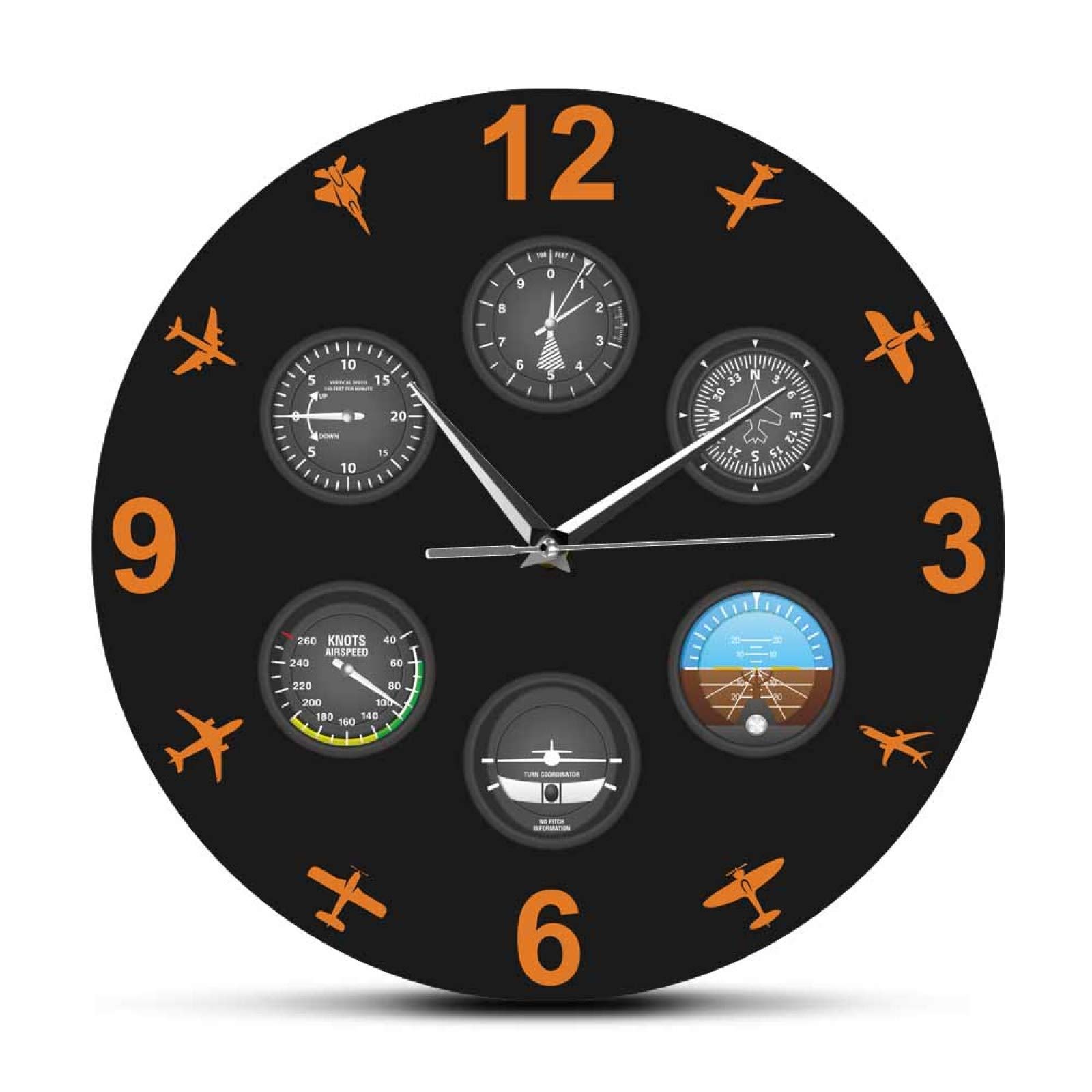 ZTTXMINGX Printed Acrylic Wall Clock Flight Instrument with Aircrafts Modern Wall Clock Aviator Home Decor Wall Art Silent Timepiece Plane Lovers Pilot Gift -30cm