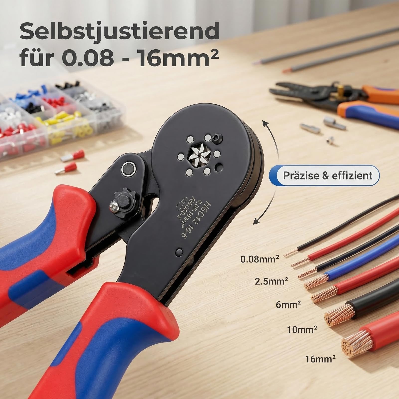 Crimpzangen-Set 0,08–16 mm² mit 1500 Aderendhülsen | Selbsteinstellend; gehärteter Stahl; für Einzel- und Doppeladerendhülsen; Elektroinstallation und Schaltschrankbau