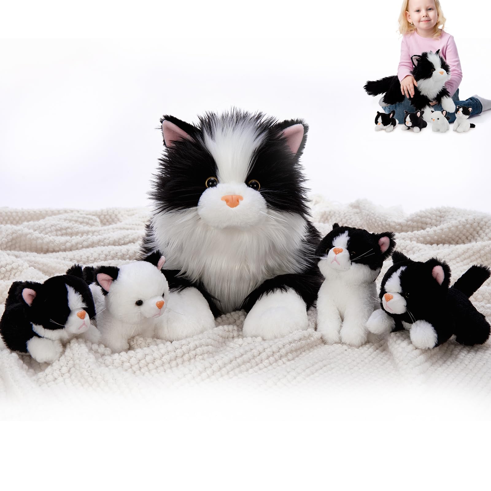 MorisMos Gatto Peluche con Cuccioli nella Pancia, Realistico Gattino Pupazzo Giocattolo di Peluche Grande Morbido Kawaii, Carino Regalo per Bambini Ragazza Ragazzo Compleanno Natale (50cm)