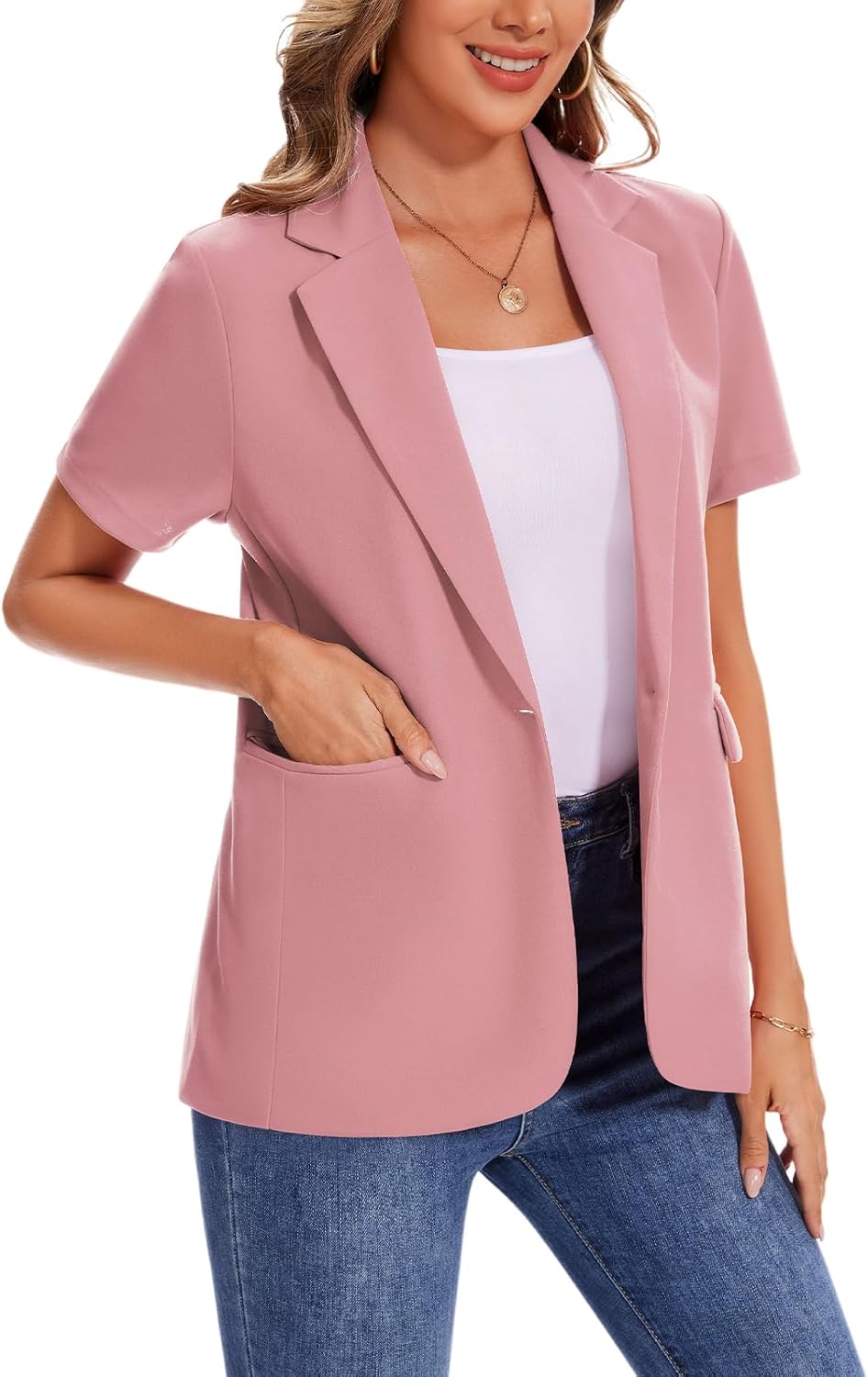 MINTLIMIT Women Short Sleeve Blazer Lightweight Button Front Business Jacket Notched Lapel Work Office Blazers with Pockets - Image 5
