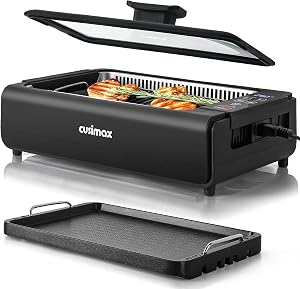 Indoor Grill,Smokeless Electric Grill,1200W Korean BBQ Grill with Non-stick Removable Grill Plate & Griddle Plate,LED Smart Display & Tempered Glass Lid,Adjustable Temperature,Black