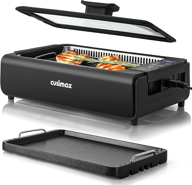 Indoor Grill,Smokeless Electric Grill,1200W Korean BBQ Grill with Non-stick Removable Grill Plate & Griddle Plate,LED Smart Display & Tempered Glass Lid,Adjustable Temperature,Black