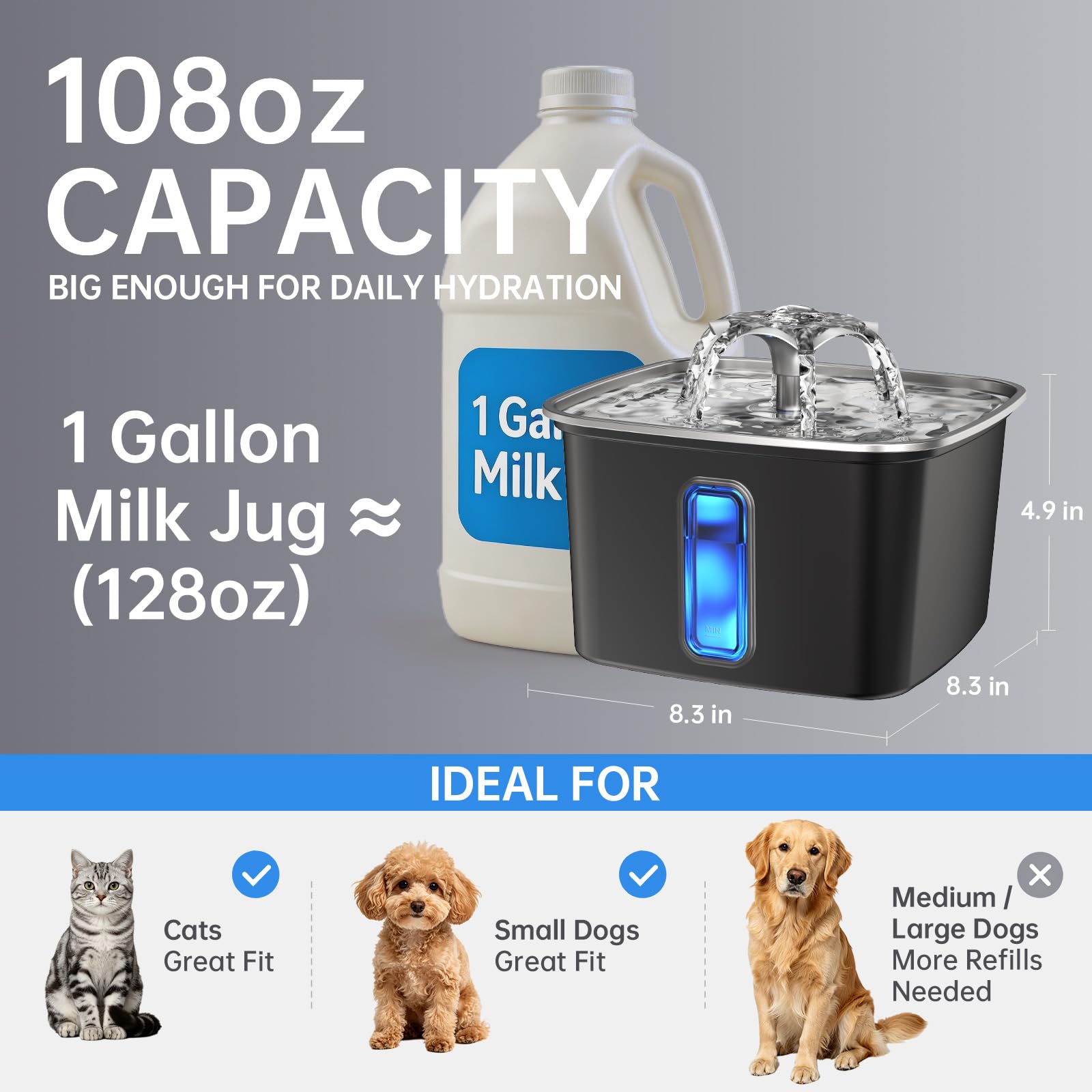 Veken Innovation Award Winner Stainless Steel Cat Water Fountain, 108oz, C1 view 4