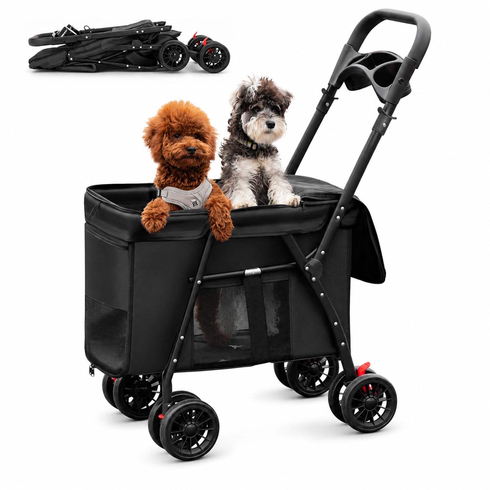 GiHaood Dog Pram for Medium Dogs (20kg) - 4 Wheel Foldable Pet Pushchair with Mesh Windows, Cup Holder & Storage Pockets, Easy Entry for Small Dogs & Cats