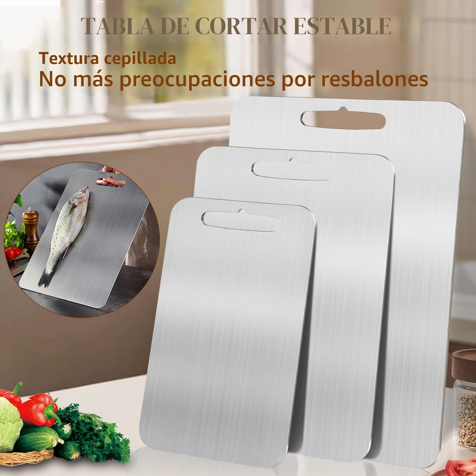 Juego de tres tablas de cortar de doble cara, tabla de cortar de acero inoxidable, tabla de cortar de acero inoxidable 304 para verduras, carne y frutas (L)