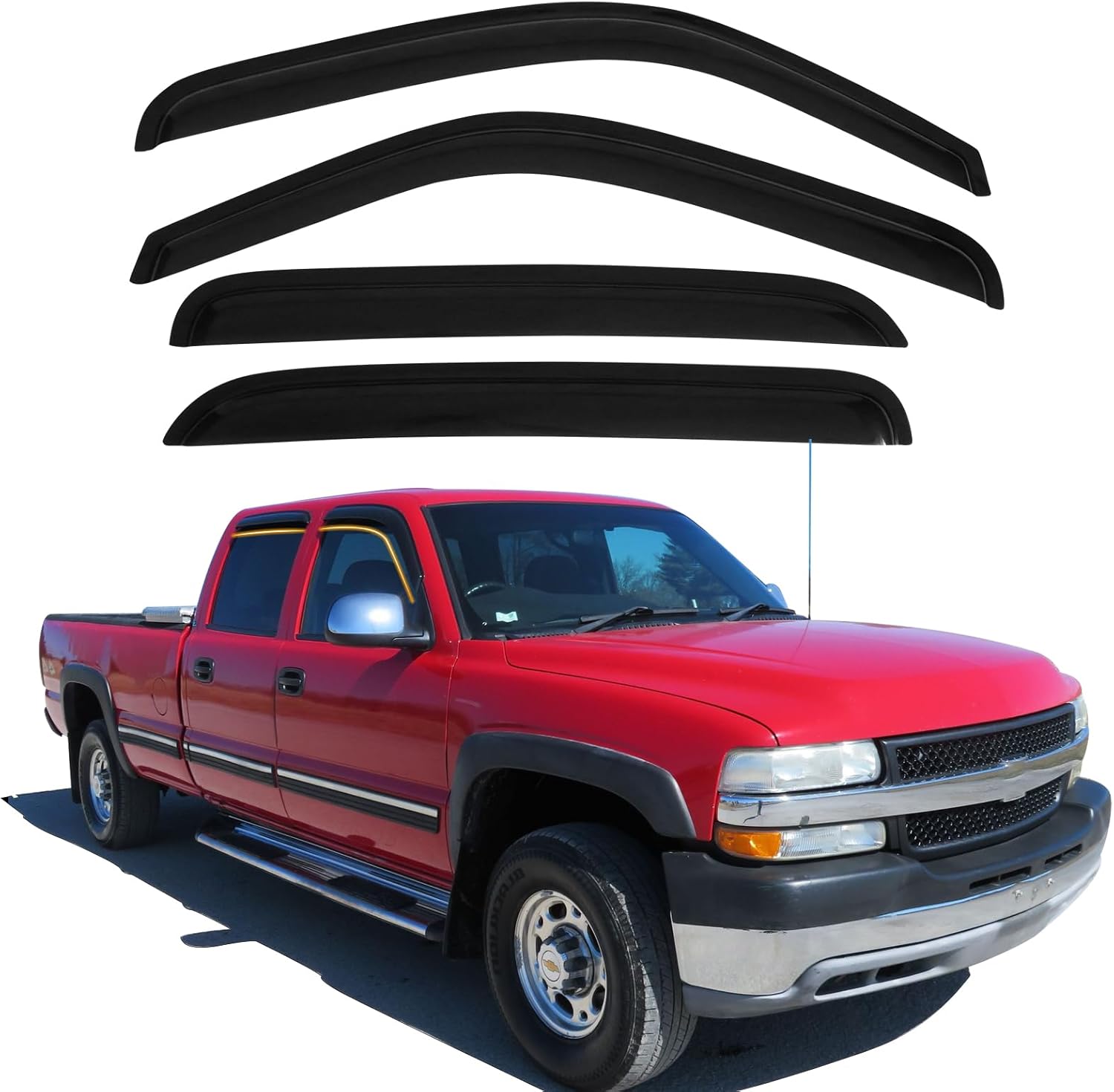 Tape On Window Visor Deflectors Compatible with 2001-2006 Chevy Silverado GMC Sierra Crew Cab, Acrylic Slim Style Smoke Tinted Window Rain Guards, Sun Wind Side Vent Visor Set, 4 Pieces