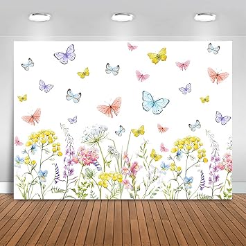 Wild Flowers Backdrop 7x5ft Butterflies Wildflower Party Decorations Photography Background Wildflower Wall Paper Dessert Table Cloth Banner Photo Booth Props