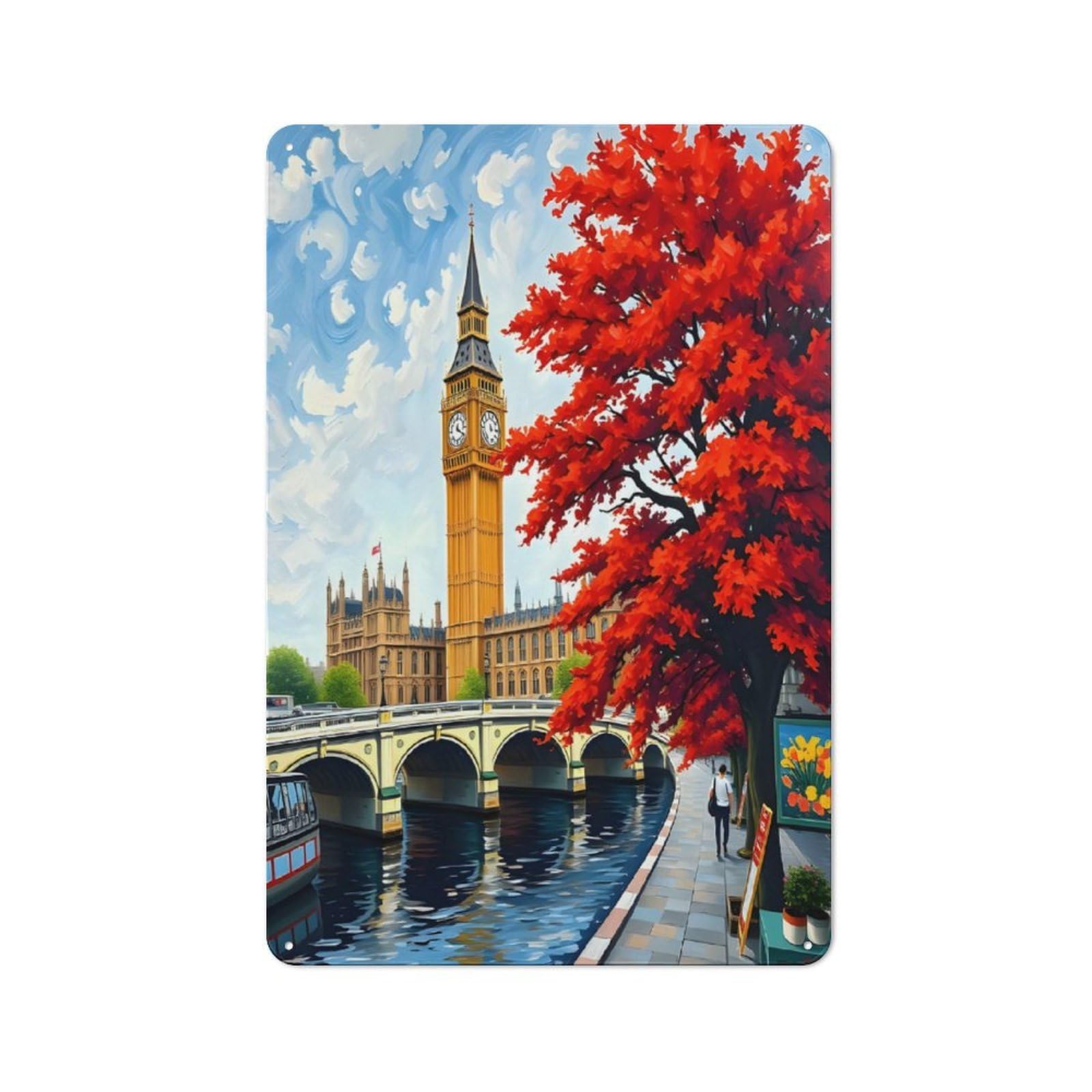 Street View of London Big Ben Vintage Metal Sign 30x20cm, Bistro Style Bistro Wall Plaque for Tea Room, Shop Wall Or Breakfast Area