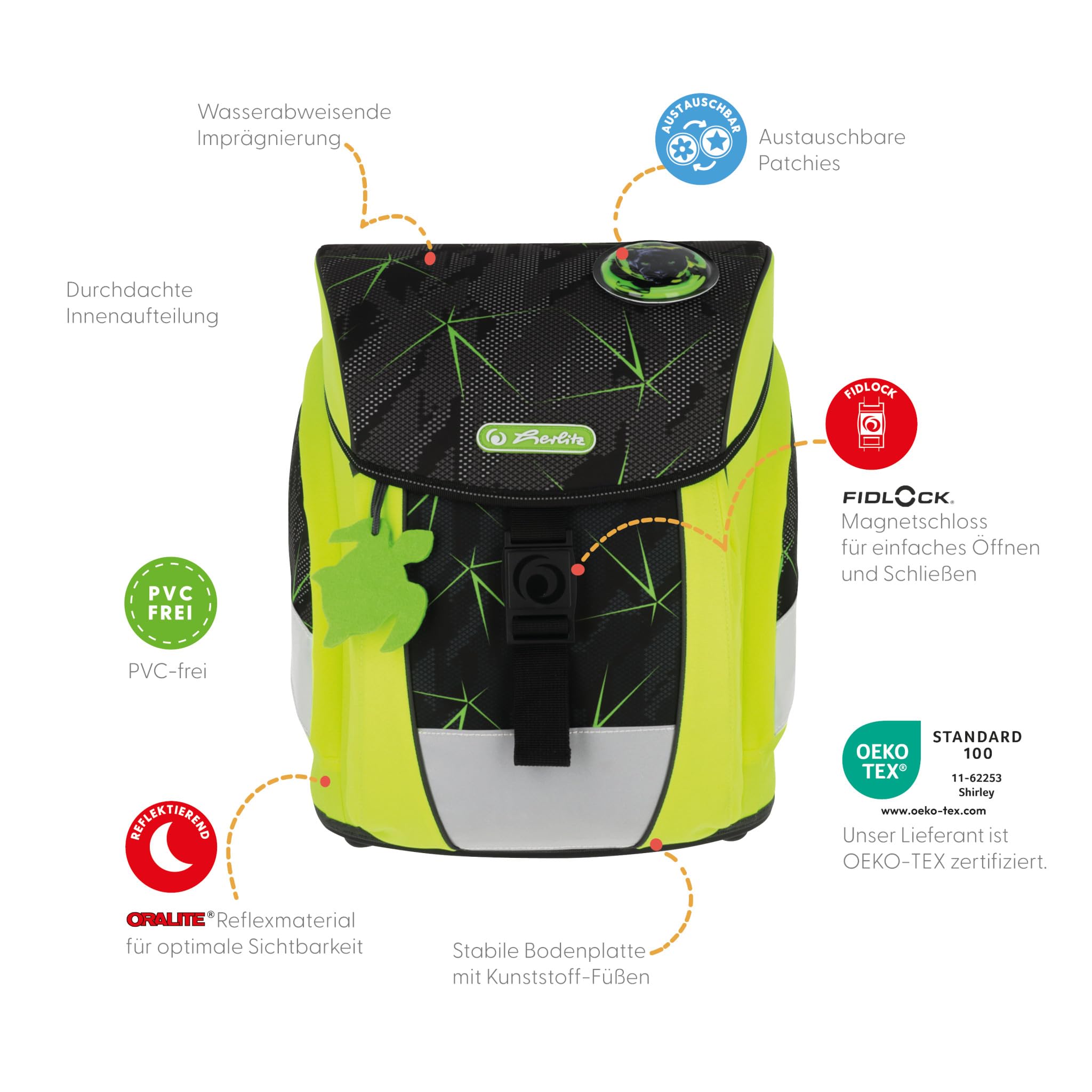 herlitz mitwachsender Schulranzen FiloActive DIN Plus fluoreszierend 1.Klasse Junge Mädchen Kinder 19 L