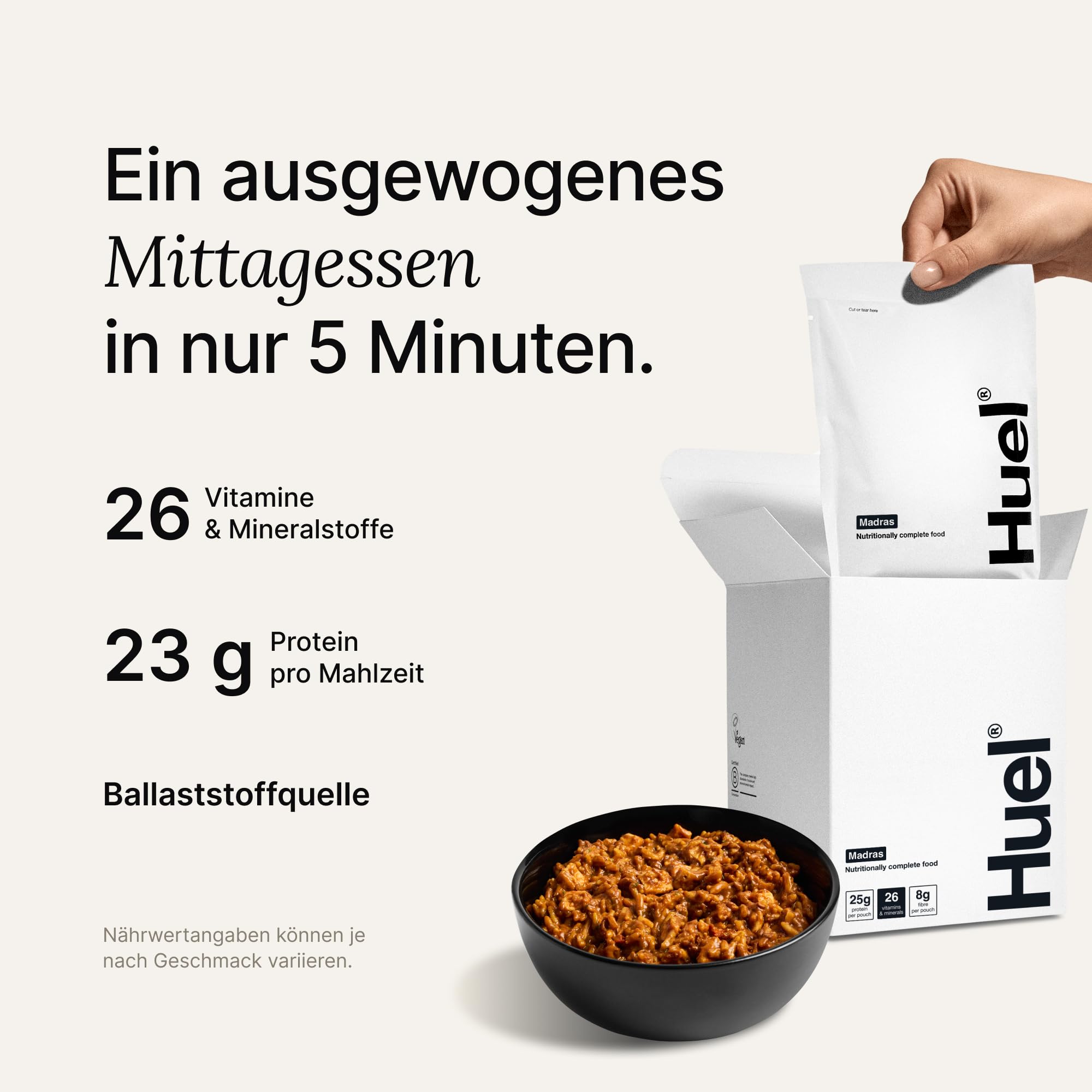 Huel Hot & Savoury – Madras (7 Portionen), Vegane Protein-Mahlzeit mit 25 g Eiweiß, 26 Vitamine & Mineralstoffe, Pflanzliches Fertiggericht, Ausgewogen & Nährstoffreich