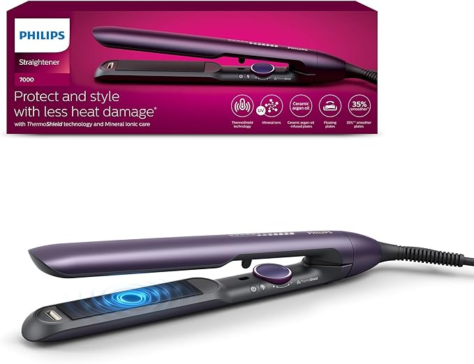 Philips Piastra Serie 7000, tecnologia ThermoShield, agli ioni, piastre con rivestimento in ceramica arricchito con olio di argan, ottanio metallizzato, modello BHS732/00