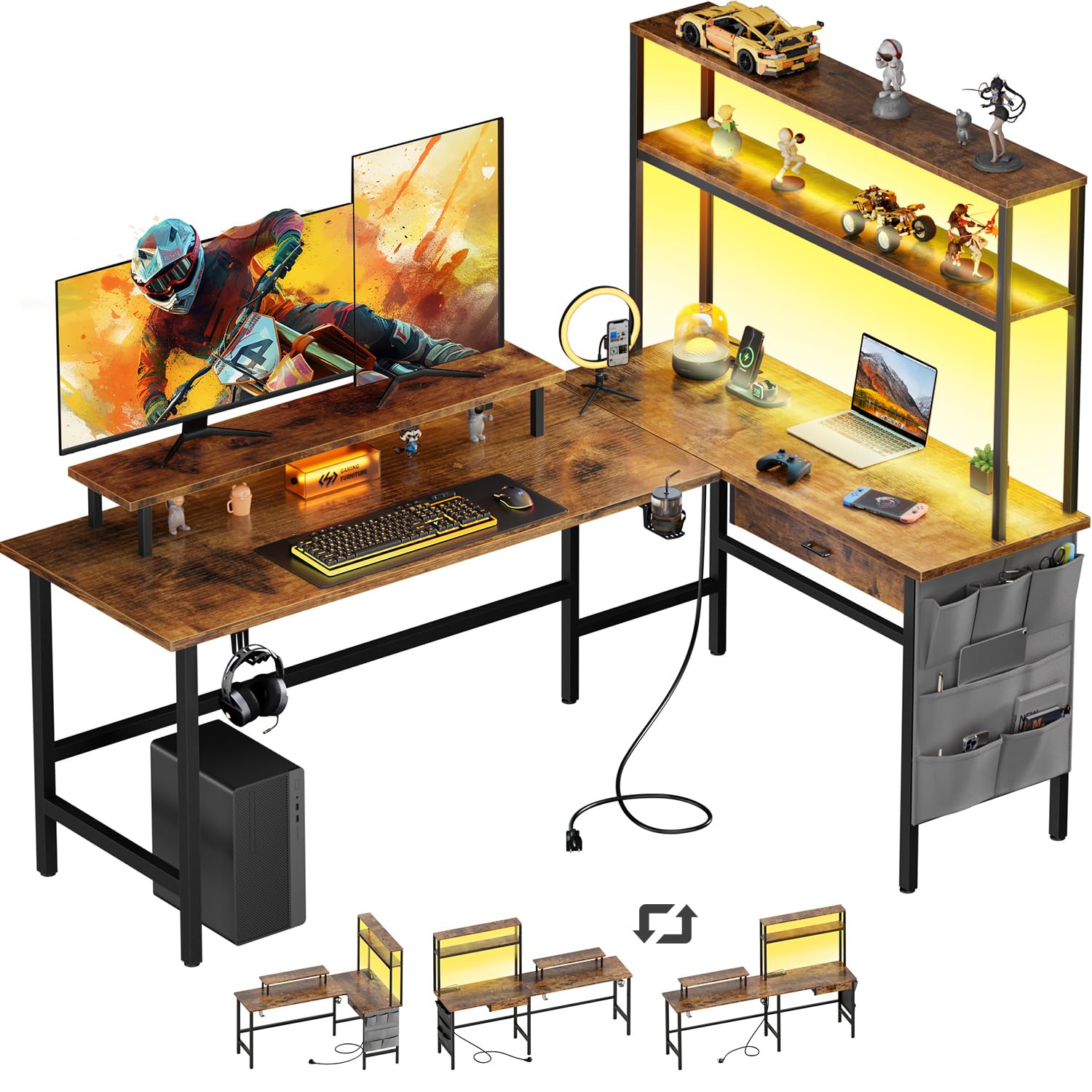 DLONGONE 150 x 100 cm L Shaped Gaming Desk with LED Lights & Power Outlets — image 1