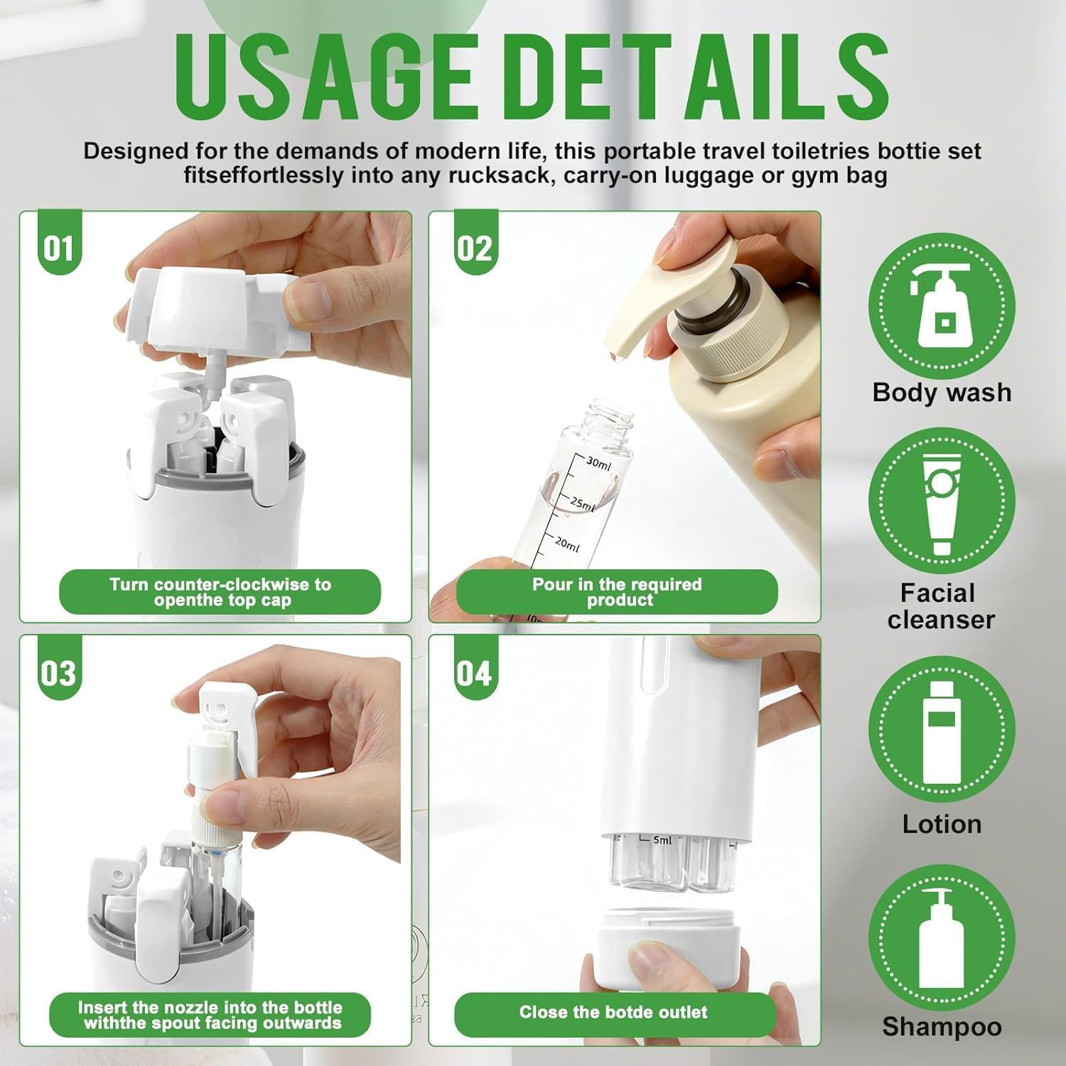 4 in 1 Travel Dispenser Bottle,Leak Proof Refillable Bottles Store Shampoo, Lotion and More,Transparent with Scale, Easy Squeeze Use, Lightweight & Portable Perfect for Travel,Gym,Camping (MIX-2Pcs)