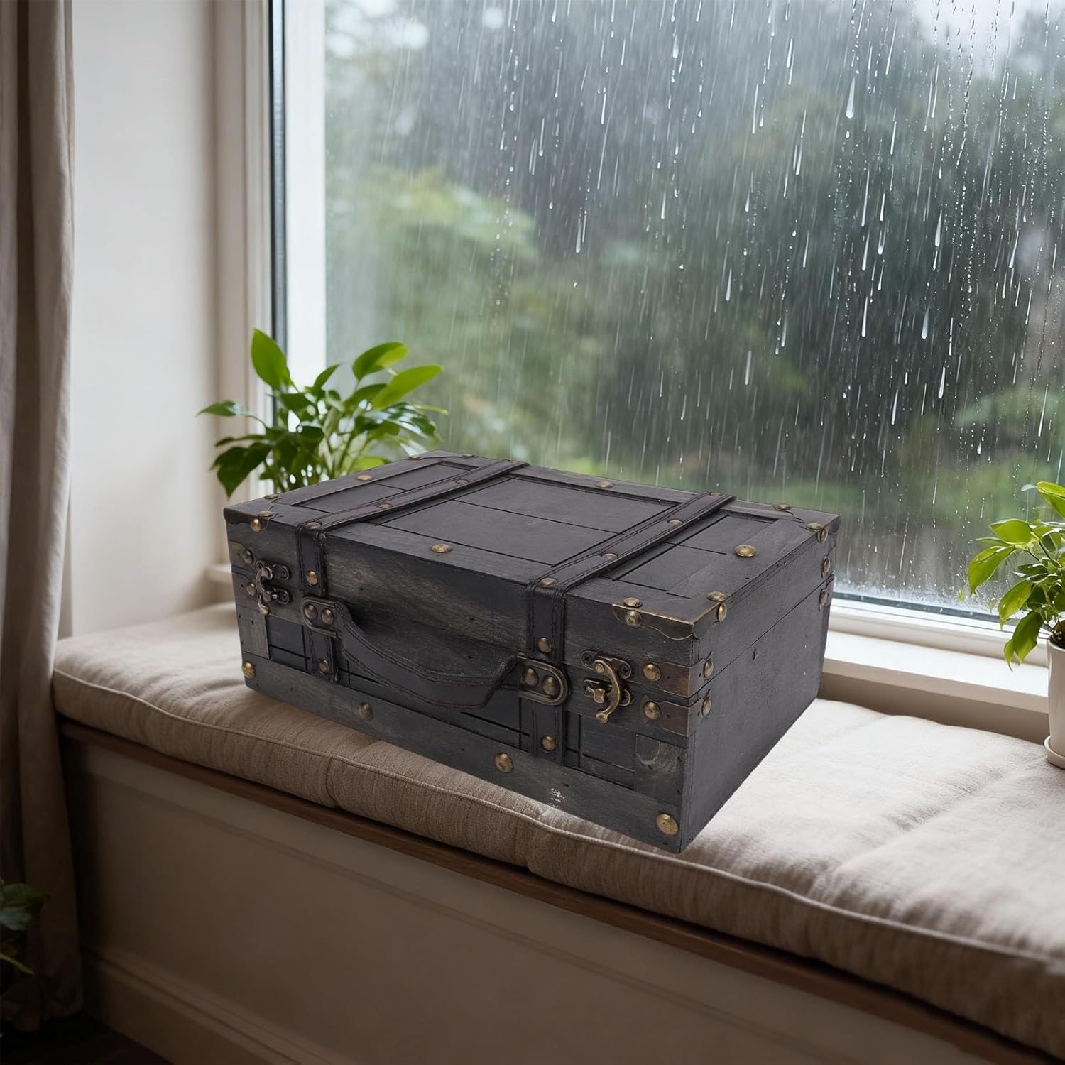 ASHATA Wooden Chest, Vintage Wood Storage Trunk with Decorative Shoulder Straps and Antique Hardware, for Home Decor Display Storage and Photography Props (1624B-01 Gray)