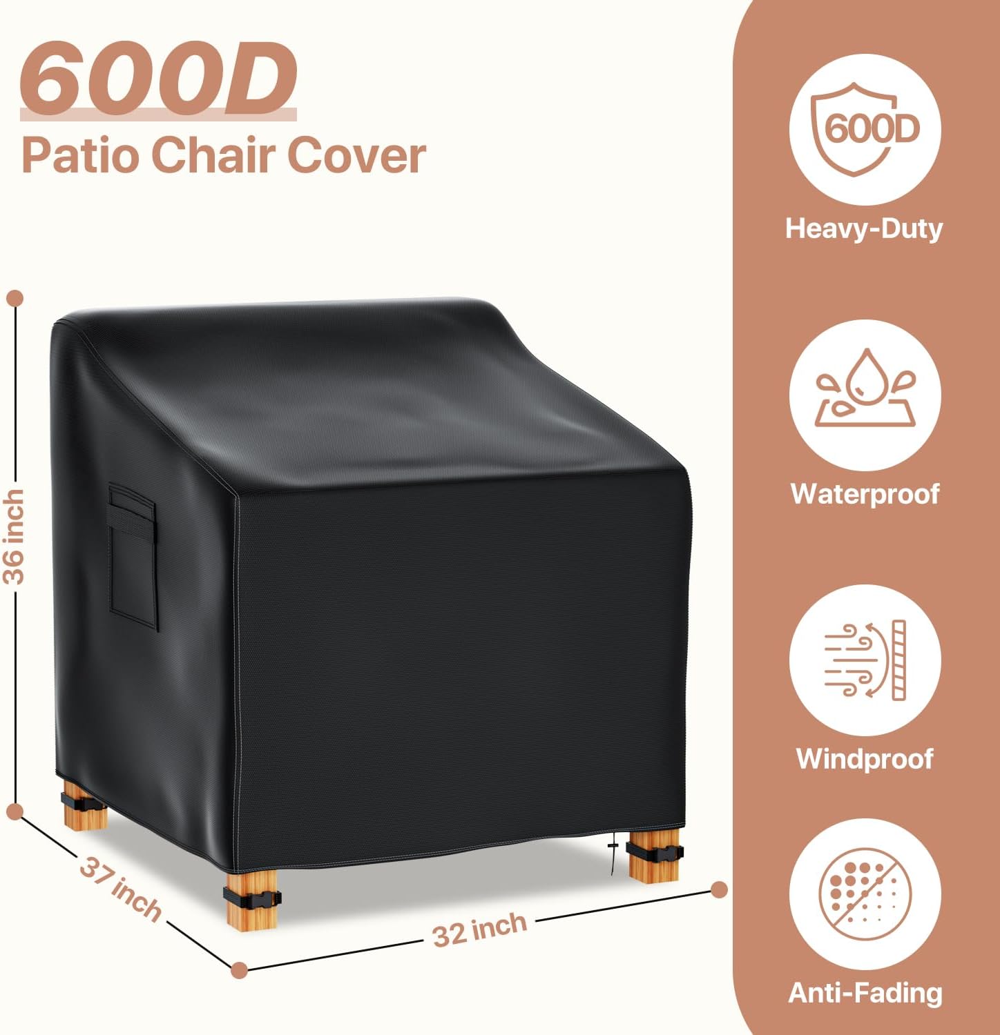Likorlove Patio Chair Covers Waterproof – 32" W x 37" D x 36" H, Heavy Duty 600D Outdoor Furniture Covers for Lounge Deep Seat Chairs, Windproof with Buckles & Air Vent, Black (2 Pack)
