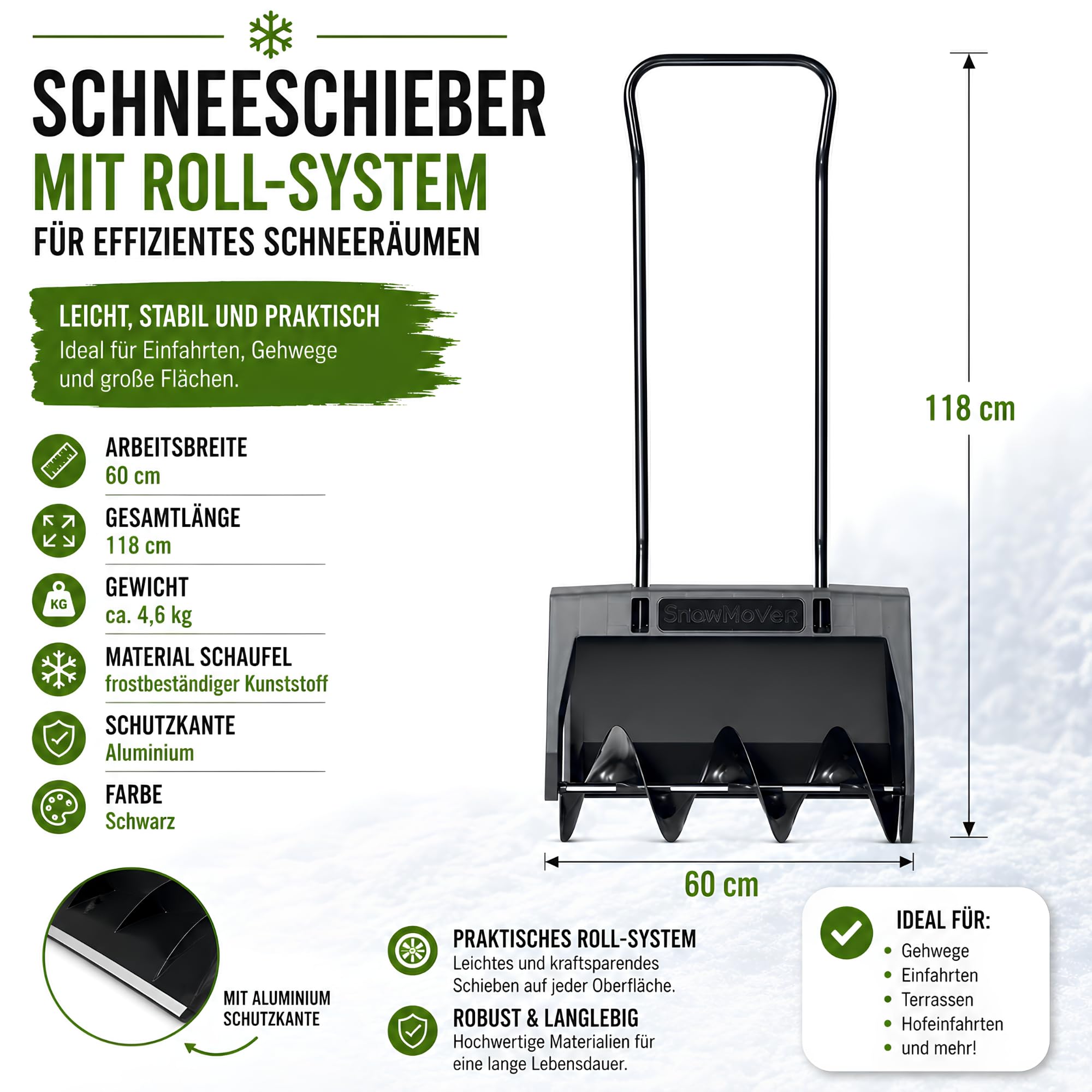Snow Mover Schneefräse 60 cm Schneeschieber mit Aluminiumkante, INKLUSIVE Eisschaber, Schneepflug Schneeschaufel Ergonomisch Schwarz
