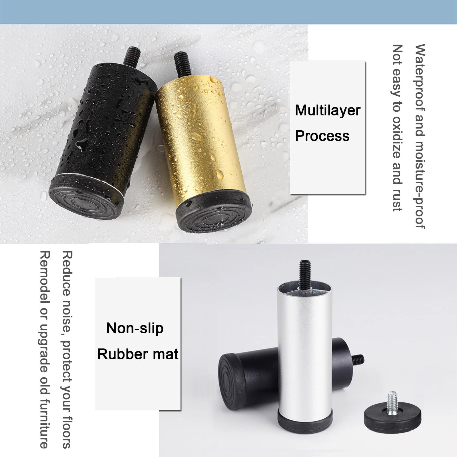 Regulowane złote metalowe nogi meblowe 4-pak 18 cm stopki do sofy ze stopu aluminium do sofy toaletki łazienki okrągłe antypoślizgowe nogi zastępcze