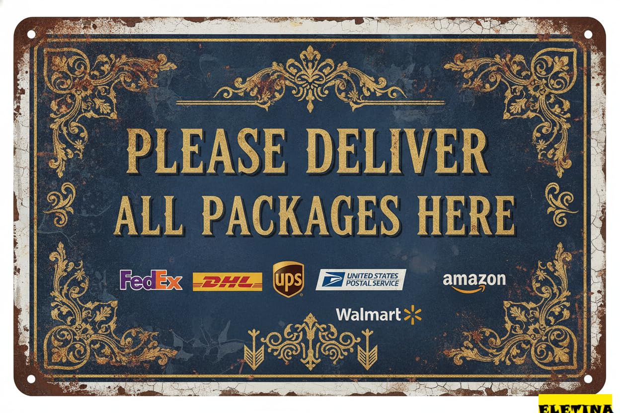 Deliver All Packages Here Tin Sign, 12x8 Inch Yard