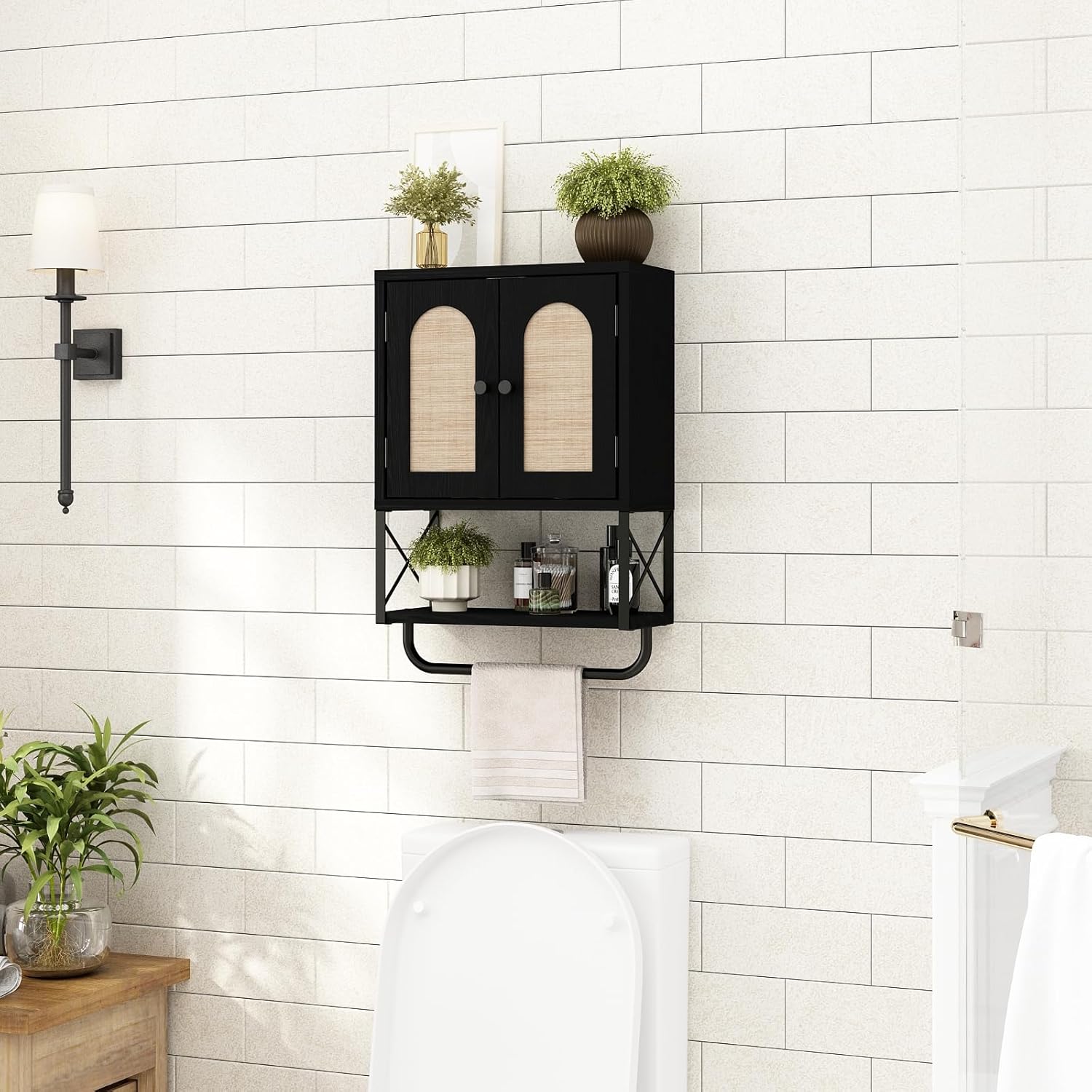 RUSTOWN Rattan Bathroom Wall Cabinet, Boho Over The Toilet Storage Cabinet with Arched Rattan Doors, Modern Medicine Cabinet with Adjustable Shelves & Towel Bar (Black, Small)